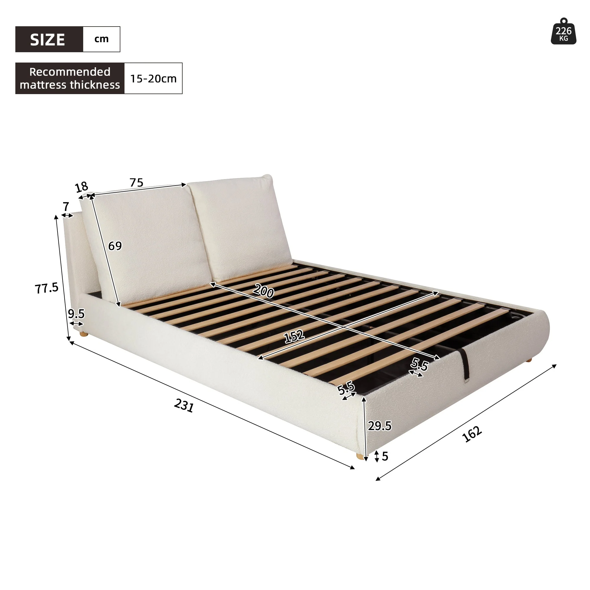 Ottoman Storage Bed Frame, 5ft Upholstered Cloud Bed with Boucle Fabric, Warm White - Image 3