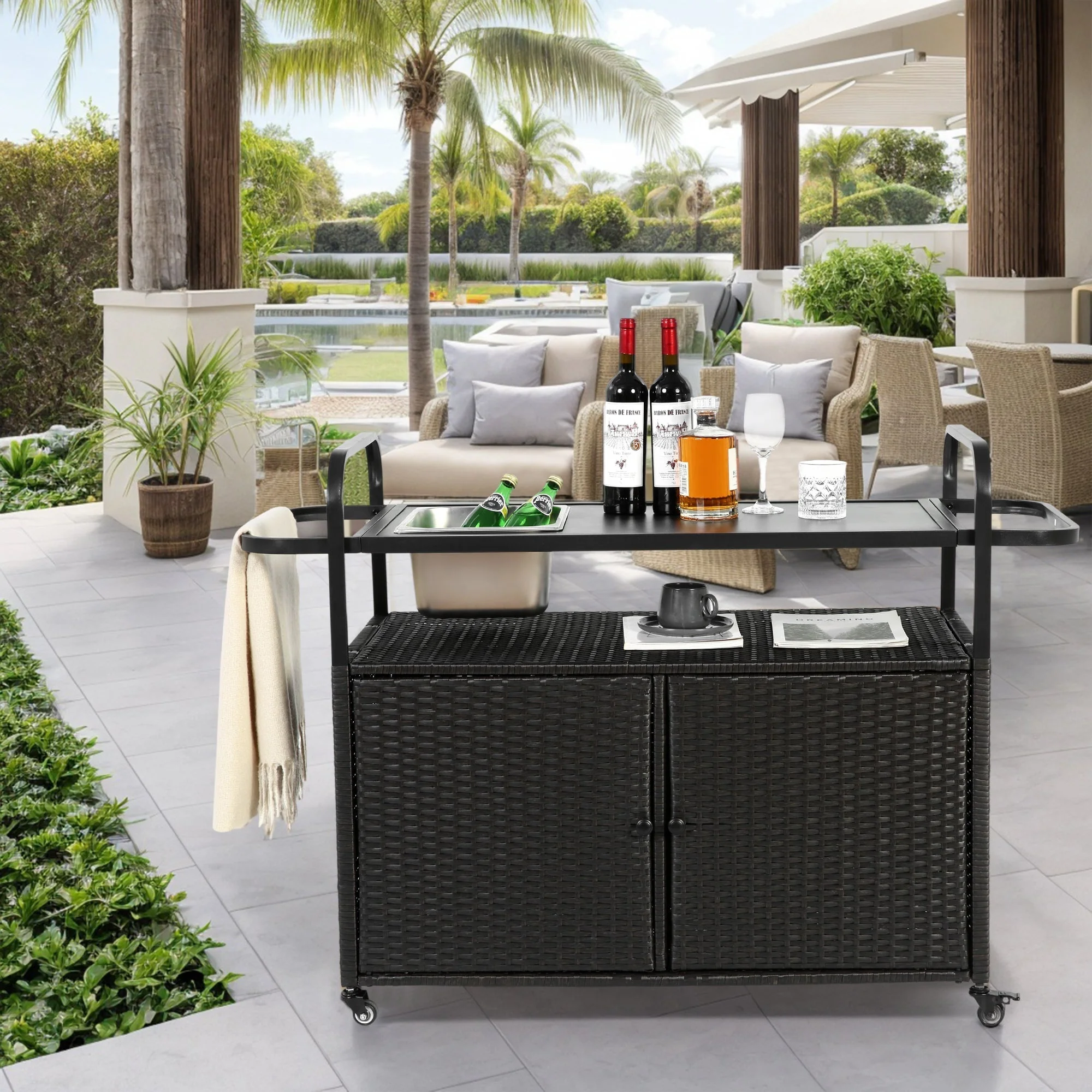 Outdoor Bar Table, Wicker Bar Cart with Cabinet, Patio Serving Cart with Steel Top, Ice Bucket, Lockable Wheels, Side Basket, Black