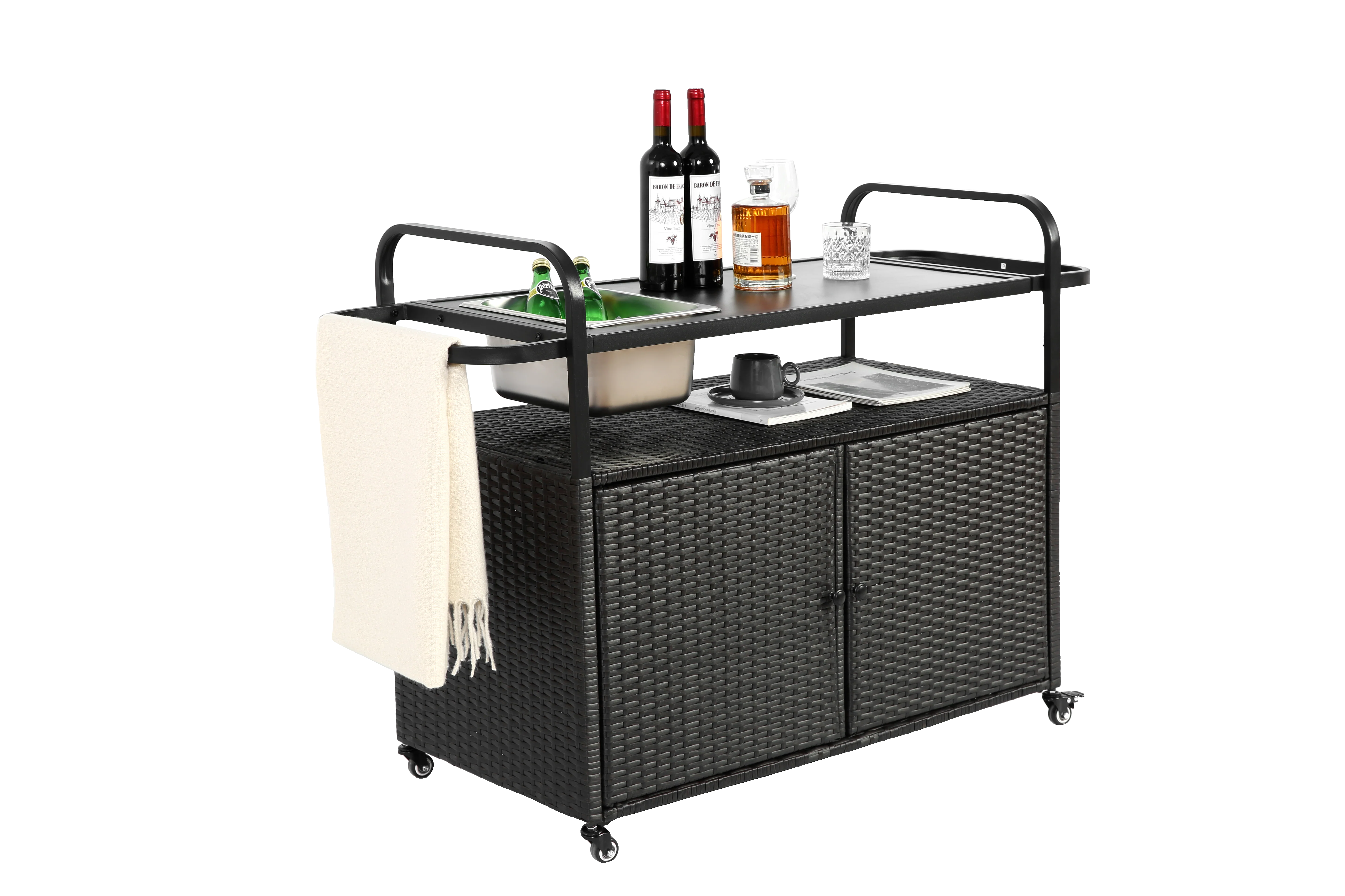 Outdoor Bar Table, Wicker Bar Cart with Cabinet, Patio Serving Cart with Steel Top, Ice Bucket, Lockable Wheels, Side Basket, Black - Image 11