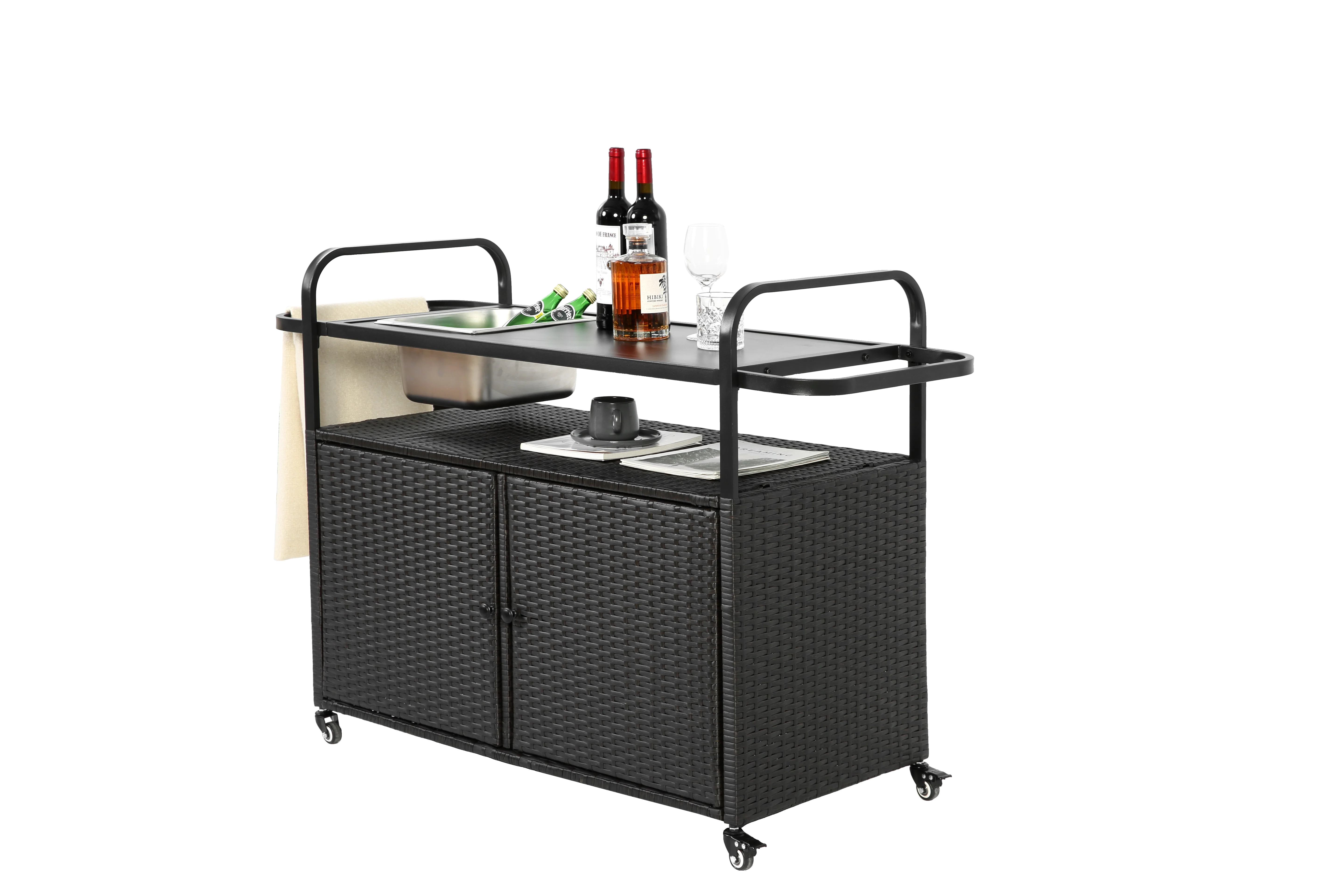 Outdoor Bar Table, Wicker Bar Cart with Cabinet, Patio Serving Cart with Steel Top, Ice Bucket, Lockable Wheels, Side Basket, Black - Image 12