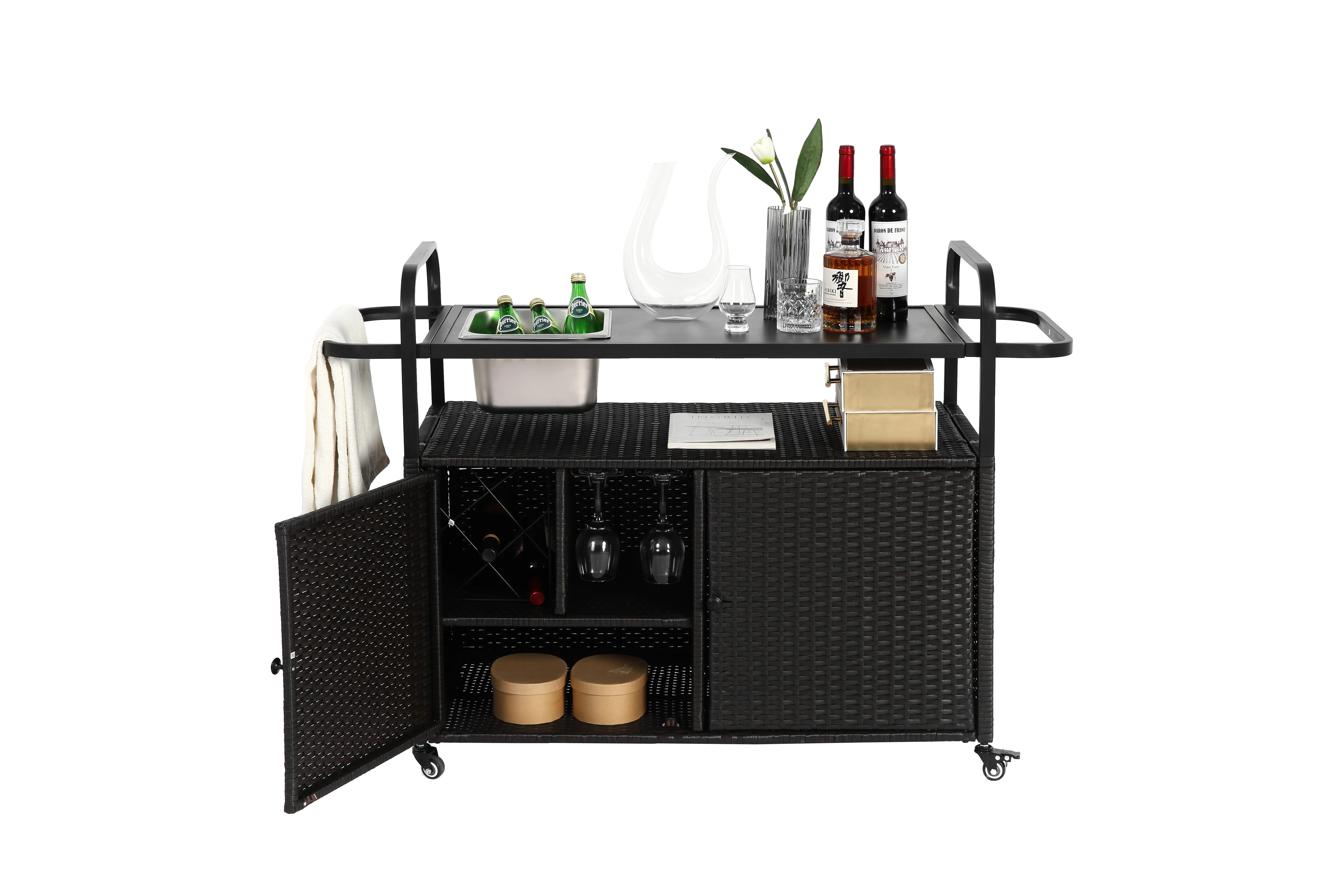 Outdoor Bar Table, Wicker Bar Cart with Cabinet, Patio Serving Cart with Steel Top, Ice Bucket, Lockable Wheels, Side Basket, Black - Image 2