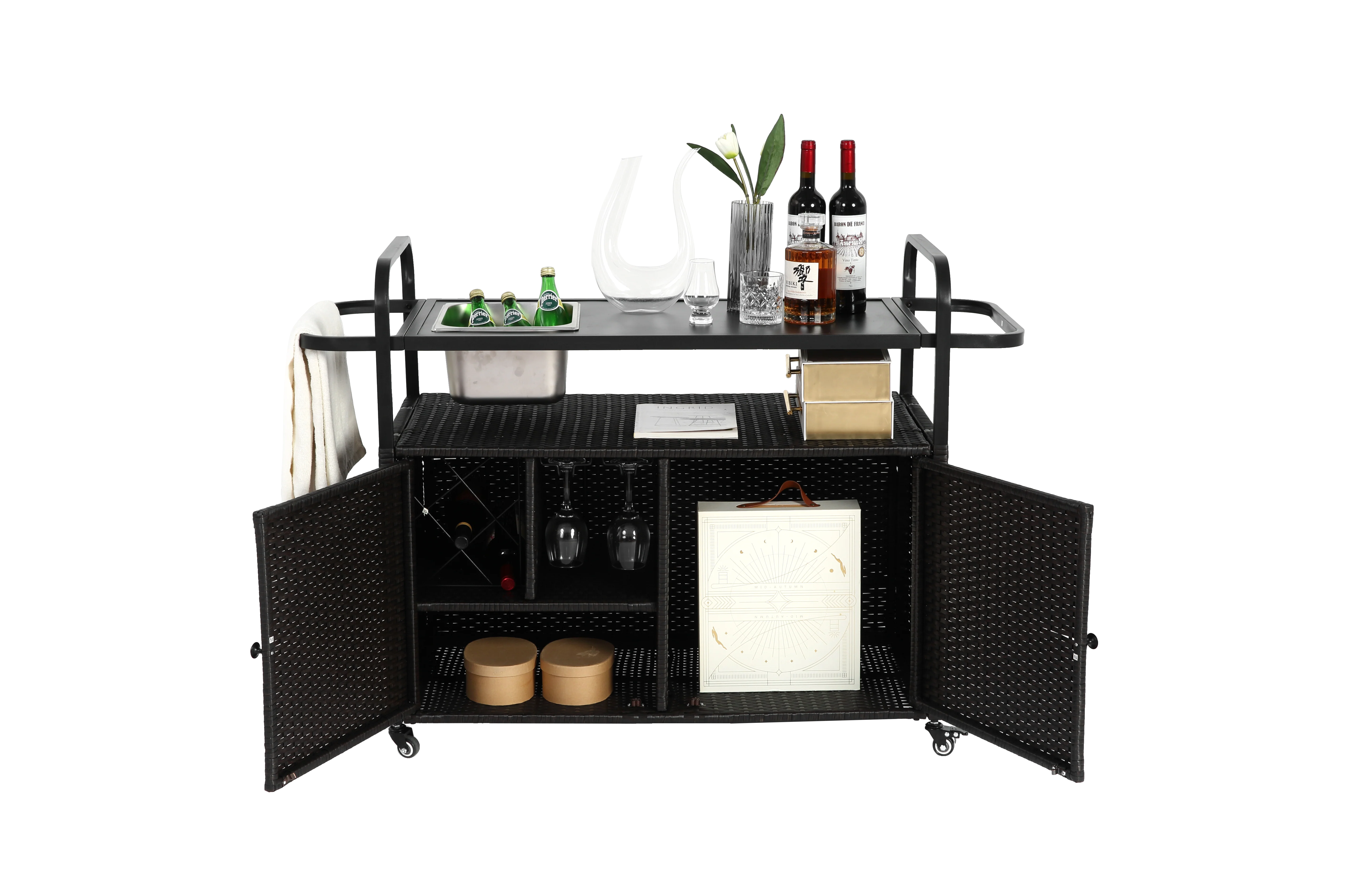 Outdoor Bar Table, Wicker Bar Cart with Cabinet, Patio Serving Cart with Steel Top, Ice Bucket, Lockable Wheels, Side Basket, Black - Image 4