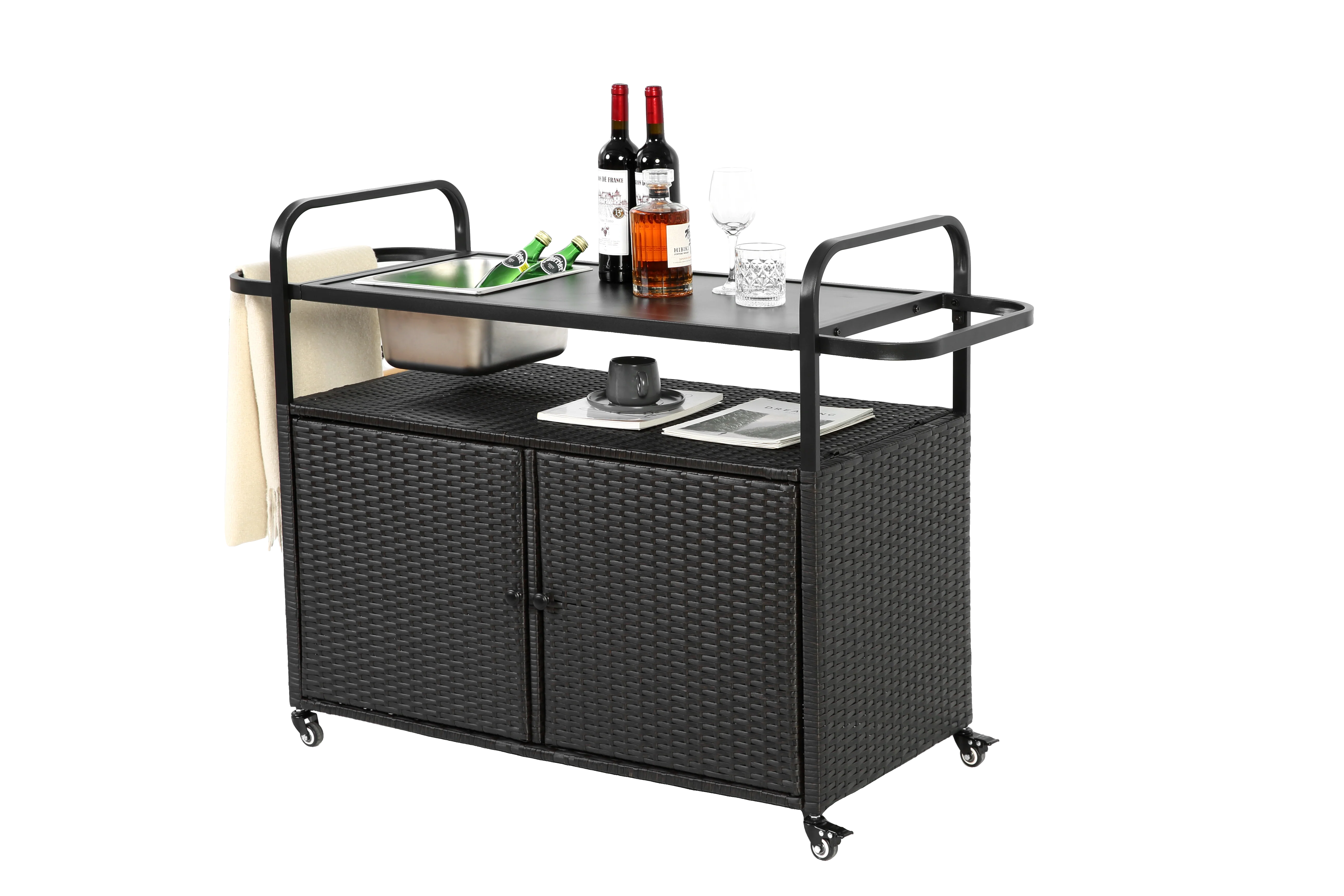 Outdoor Bar Table, Wicker Bar Cart with Cabinet, Patio Serving Cart with Steel Top, Ice Bucket, Lockable Wheels, Side Basket, Black - Image 5