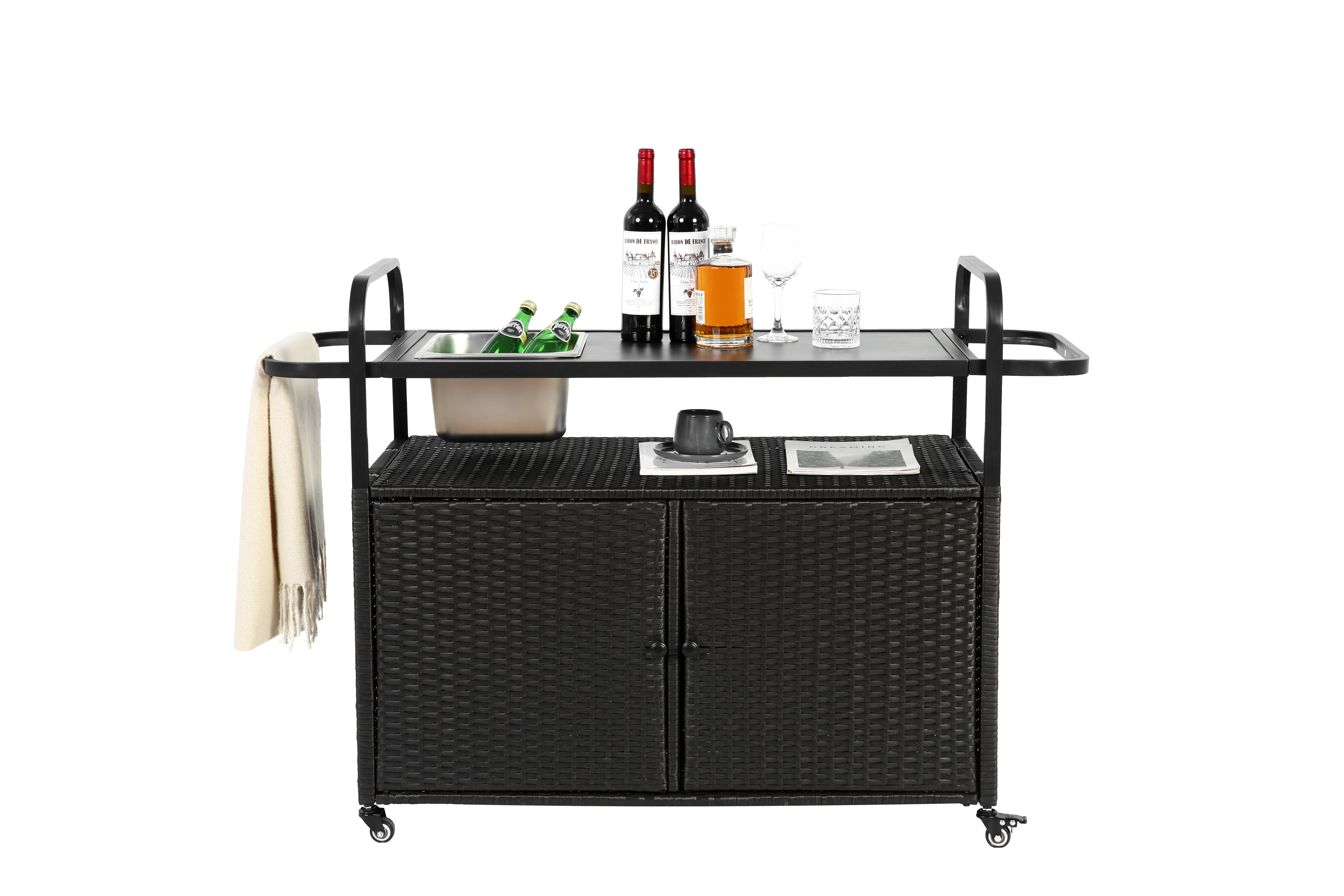 Outdoor Bar Table, Wicker Bar Cart with Cabinet, Patio Serving Cart with Steel Top, Ice Bucket, Lockable Wheels, Side Basket, Black - Image 7