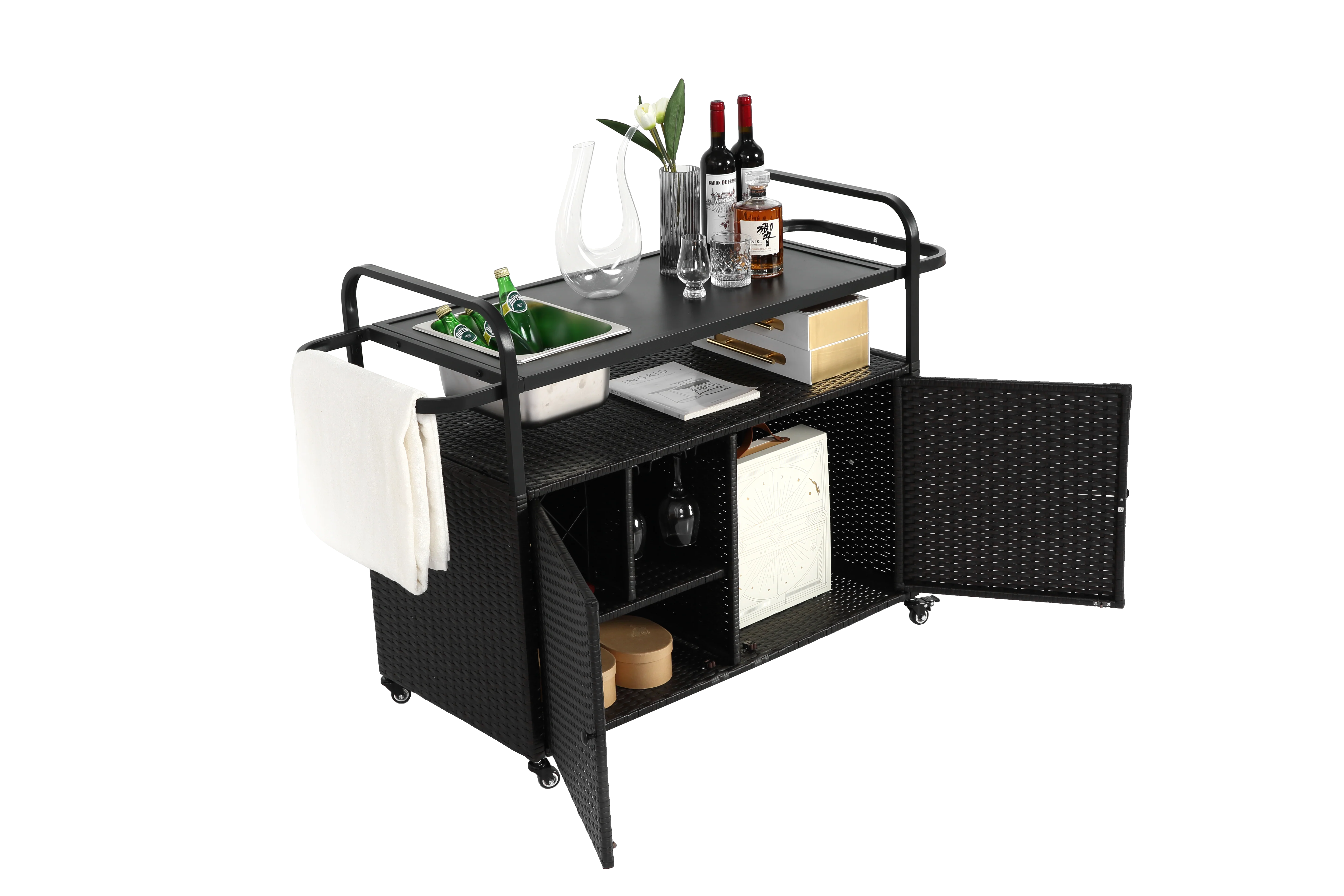 Outdoor Bar Table, Wicker Bar Cart with Cabinet, Patio Serving Cart with Steel Top, Ice Bucket, Lockable Wheels, Side Basket, Black - Image 9