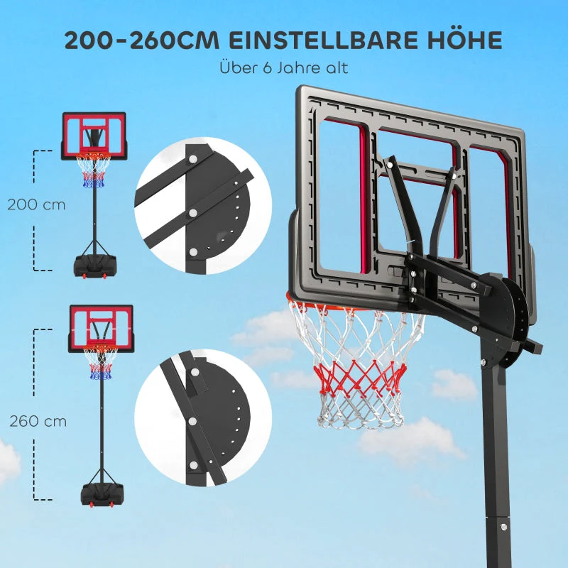 Outdoor Basketball Hoop, 200-260 cm Height-Adjustable with Wheels, Red - Image 4