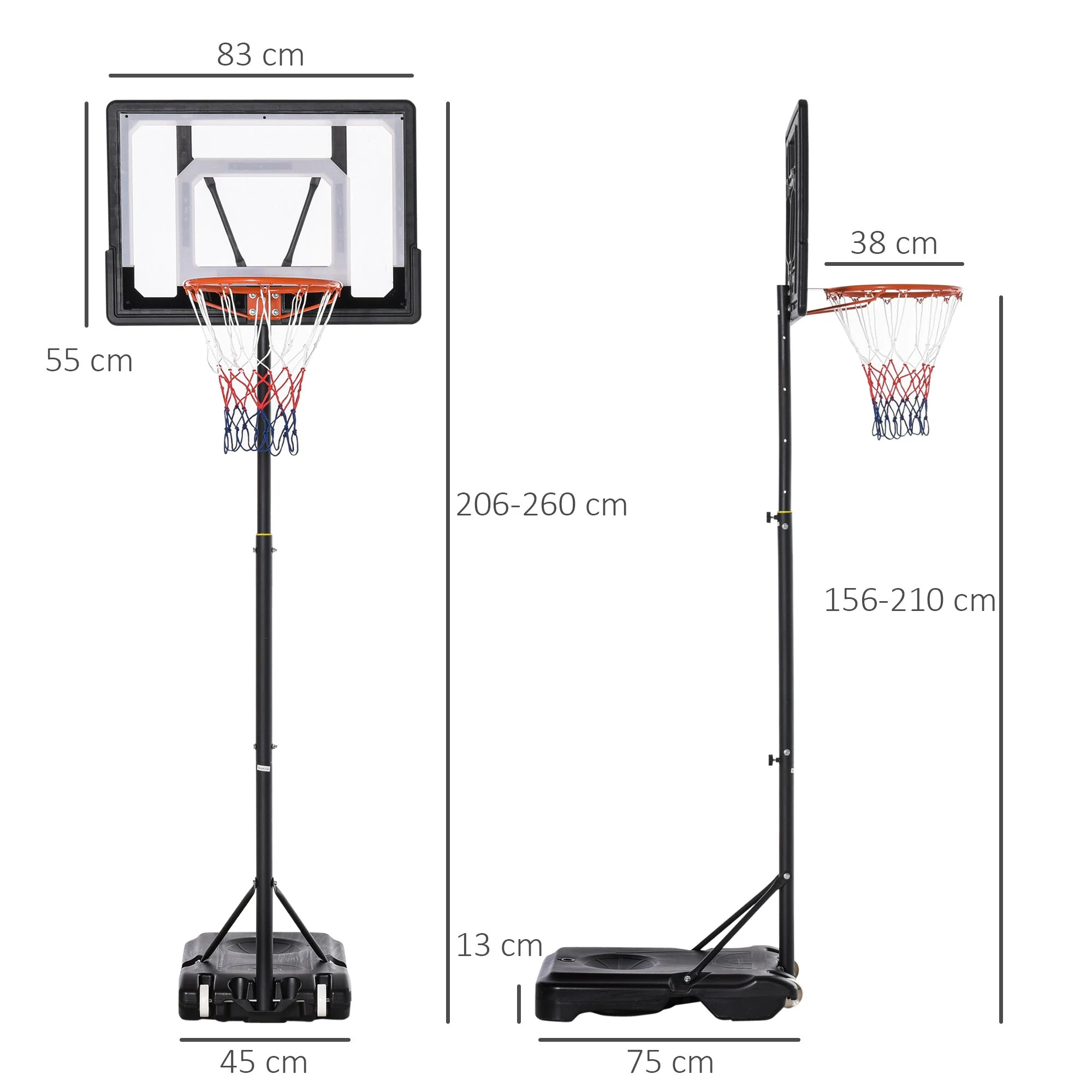 Outdoor Basketball Hoop, Height-Adjustable Stand with Wheels, Black - Image 3
