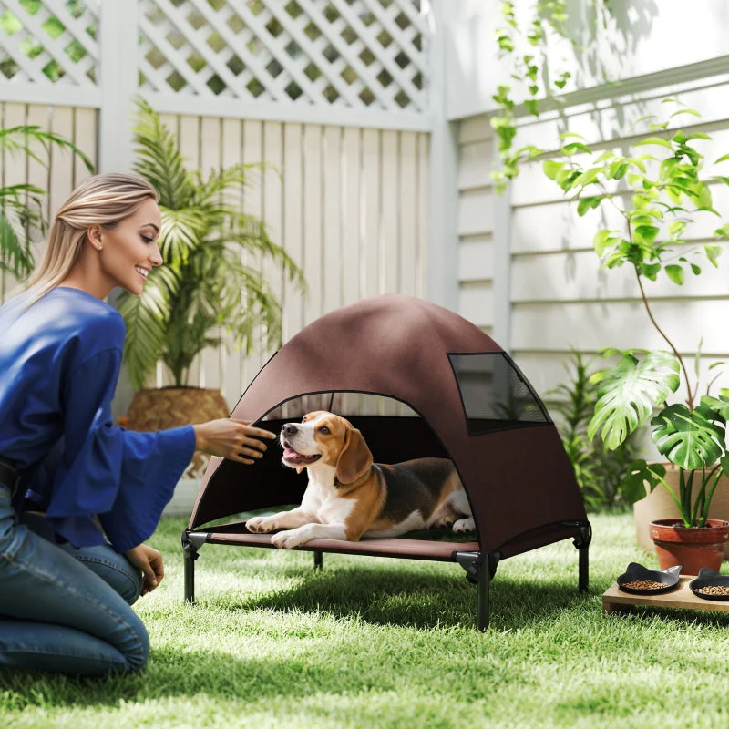 Outdoor Dog Bed with Roof, Raised for Medium Dogs, Coffee