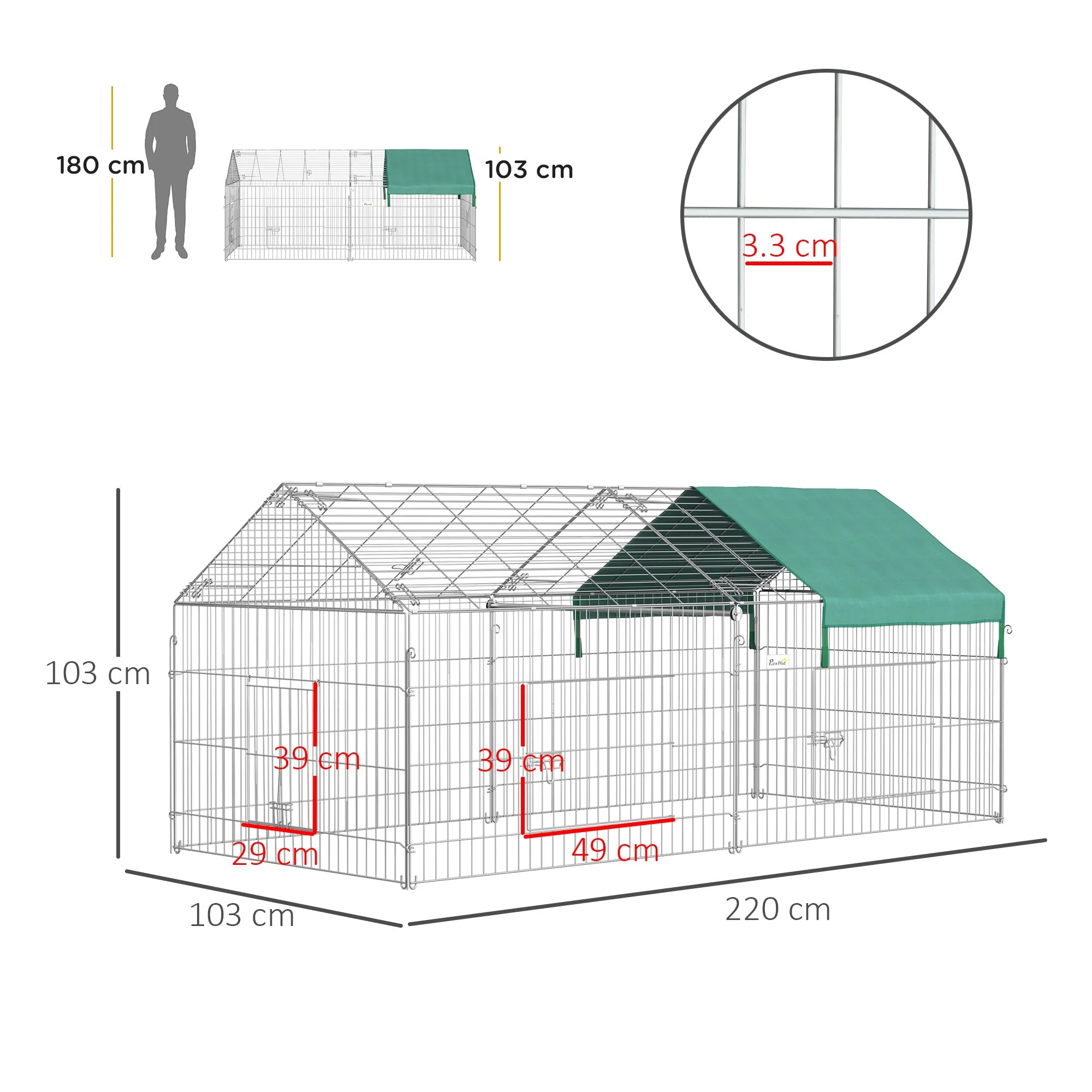Outdoor Enclosure Playpen with Cover for Guinea Pigs, Steel - Image 3
