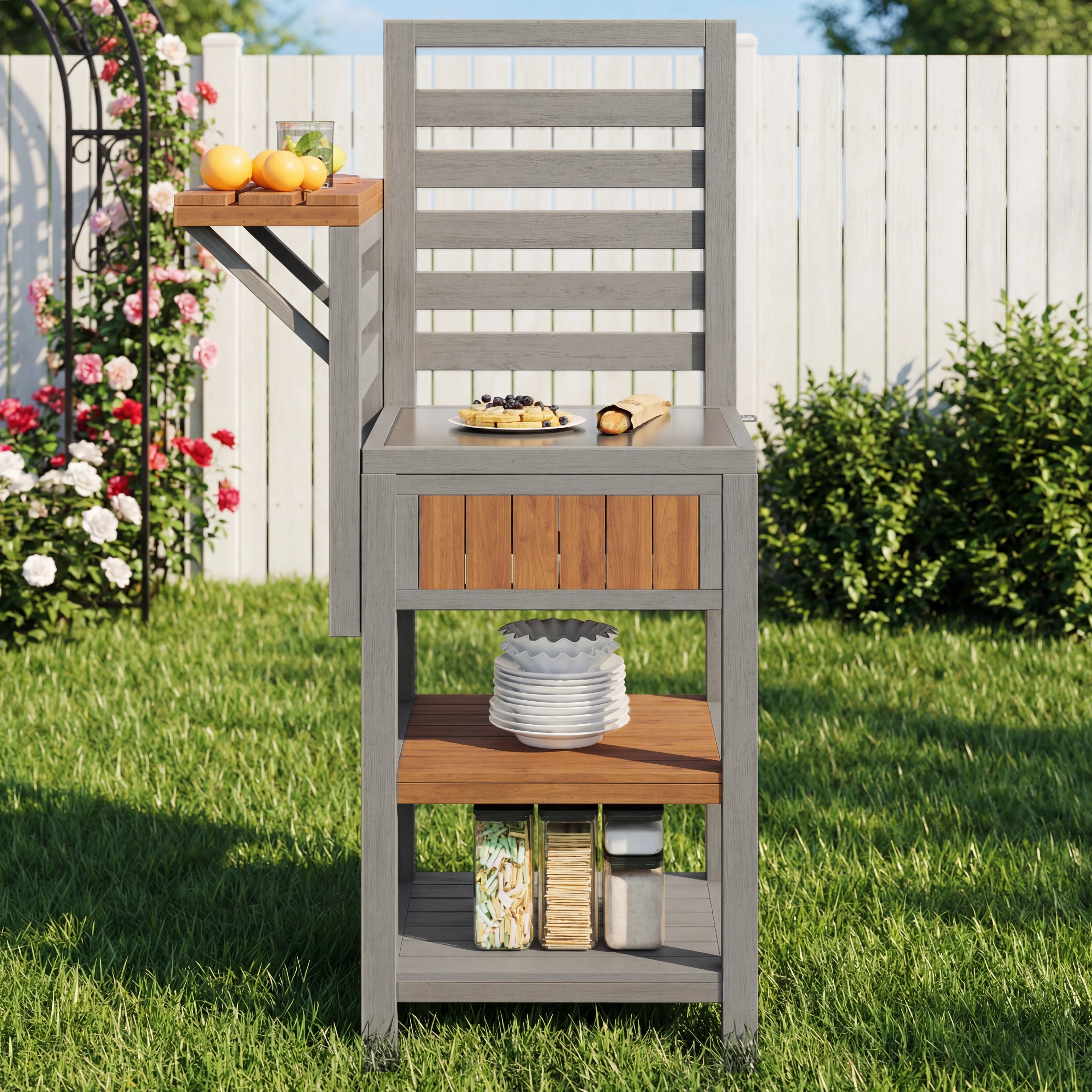 Outdoor Garden Cabinet with Stainless Steel Worktop and Double Shelf, Weatherproof Wood - Image 2