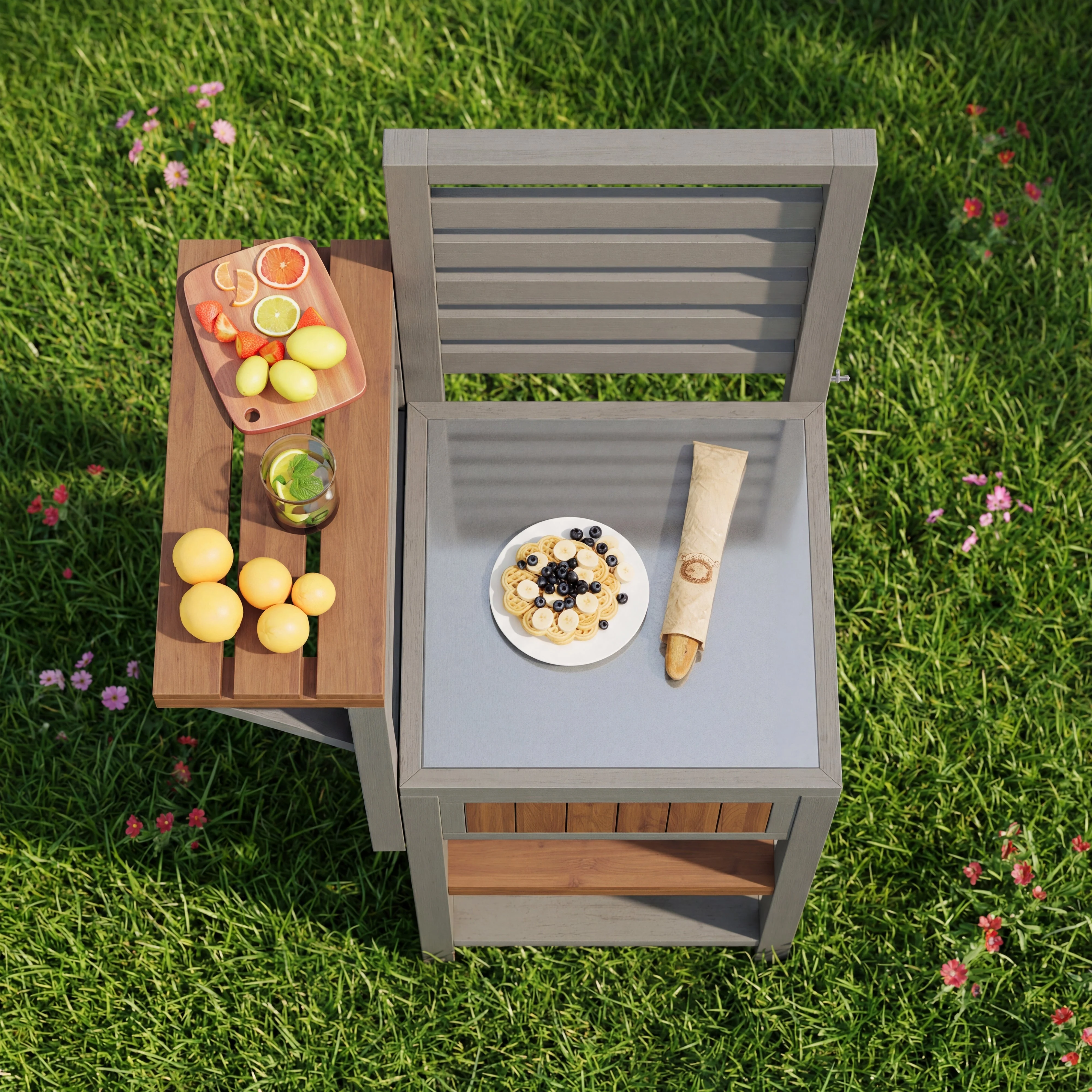 Outdoor Garden Cabinet with Stainless Steel Worktop and Double Shelf, Weatherproof Wood - Image 3
