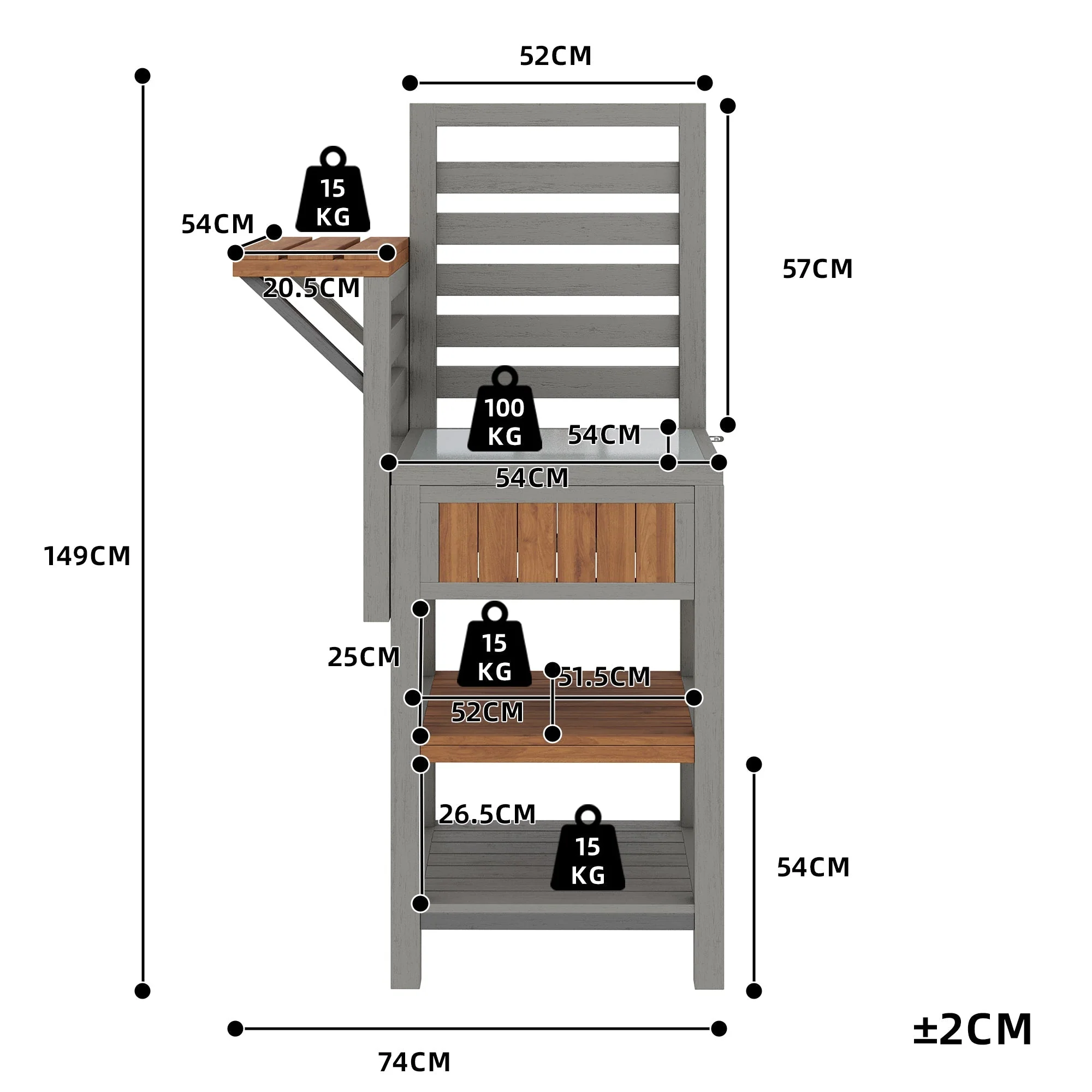 Outdoor Garden Cabinet with Stainless Steel Worktop and Double Shelf, Weatherproof Wood - Image 4