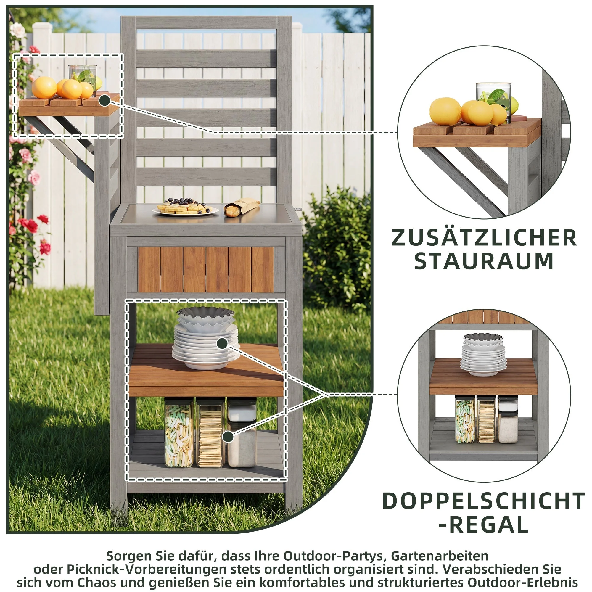 Outdoor Garden Cabinet with Stainless Steel Worktop and Double Shelf, Weatherproof Wood - Image 5