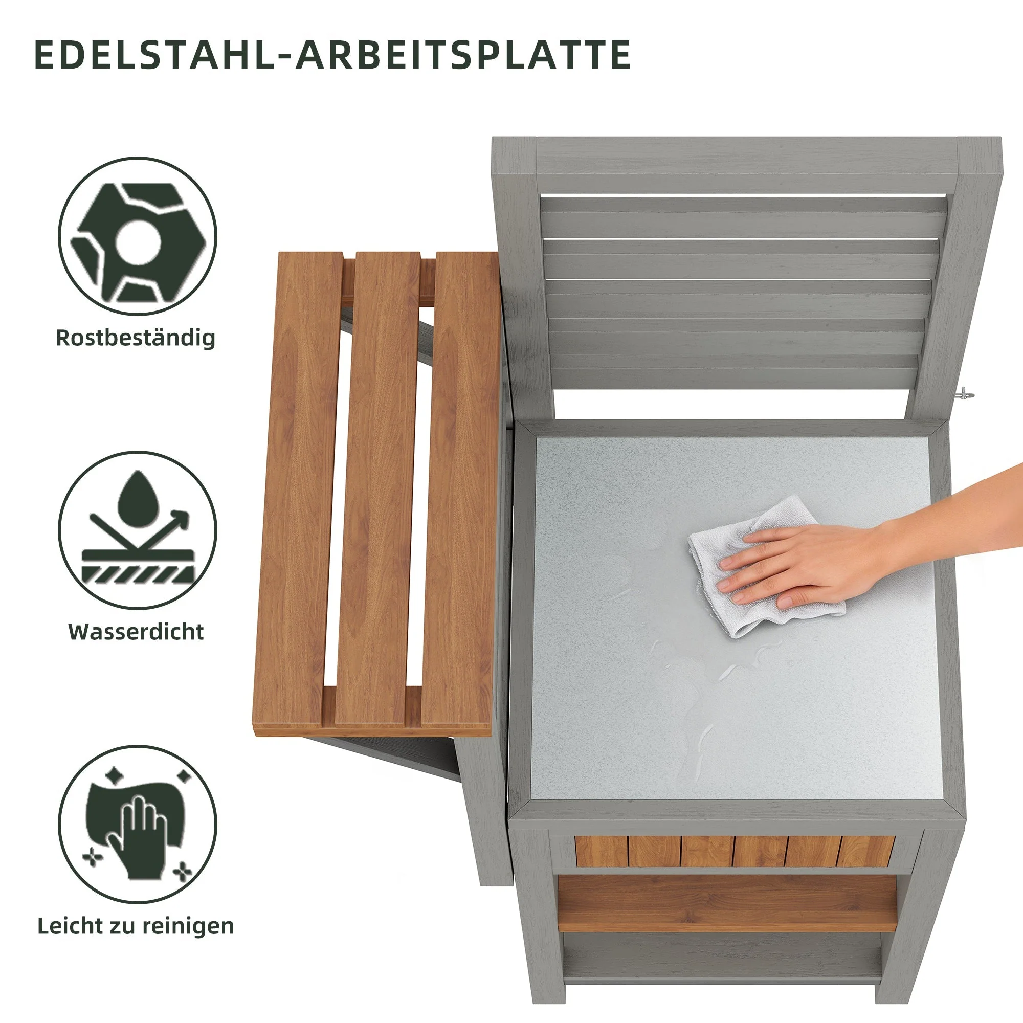 Outdoor Garden Cabinet with Stainless Steel Worktop and Double Shelf, Weatherproof Wood - Image 6