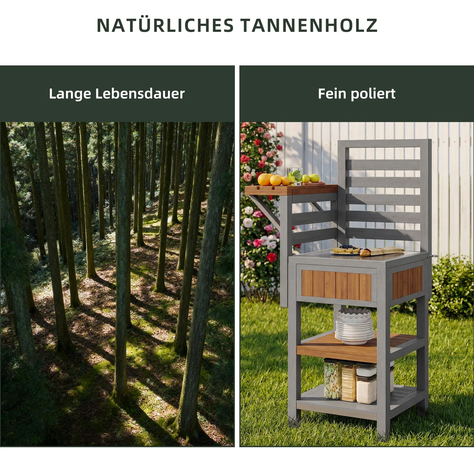Outdoor Garden Cabinet with Stainless Steel Worktop and Double Shelf, Weatherproof Wood - Image 7