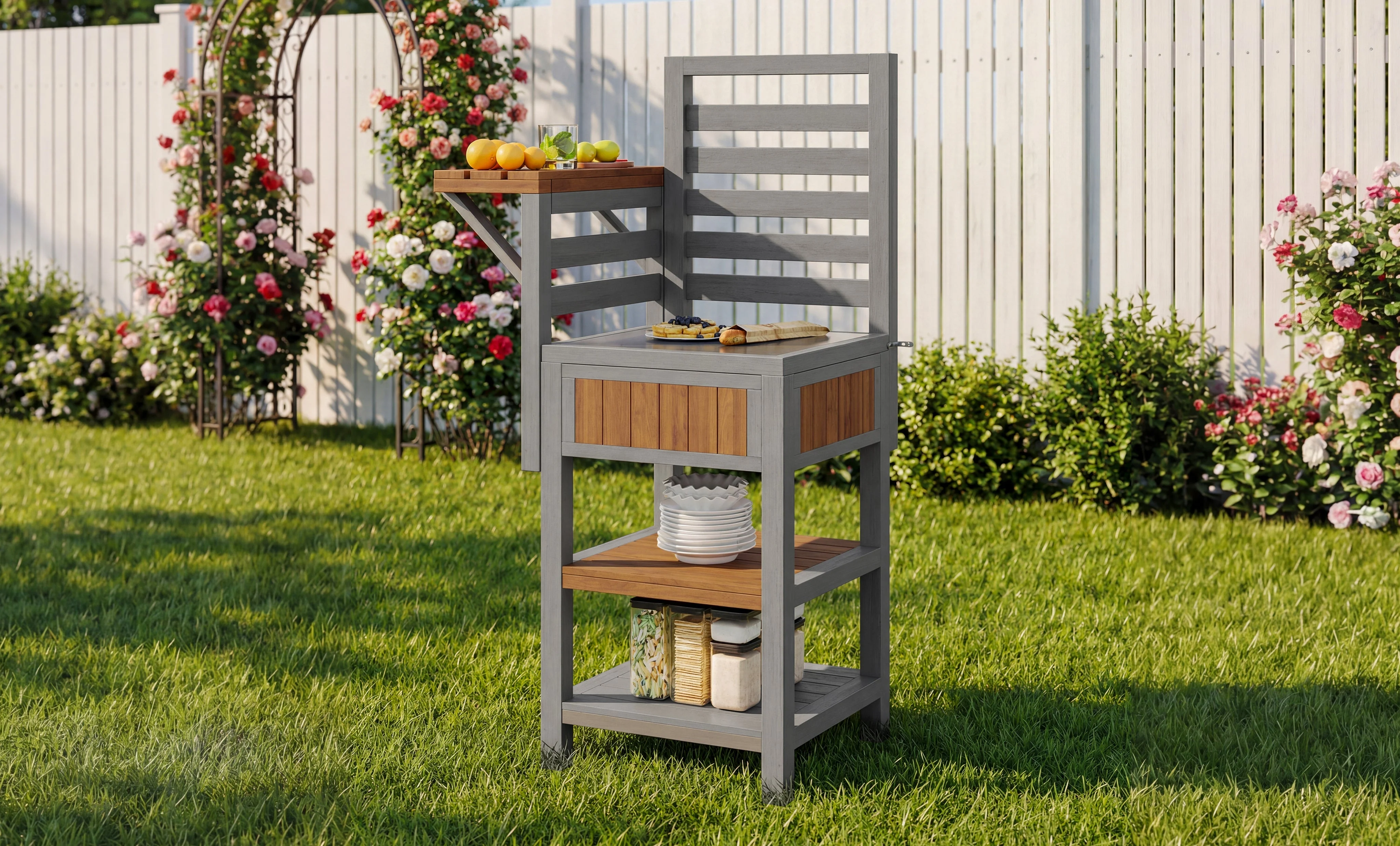 Outdoor Garden Cabinet with Stainless Steel Worktop and Double Shelf, Weatherproof Wood - Image 9