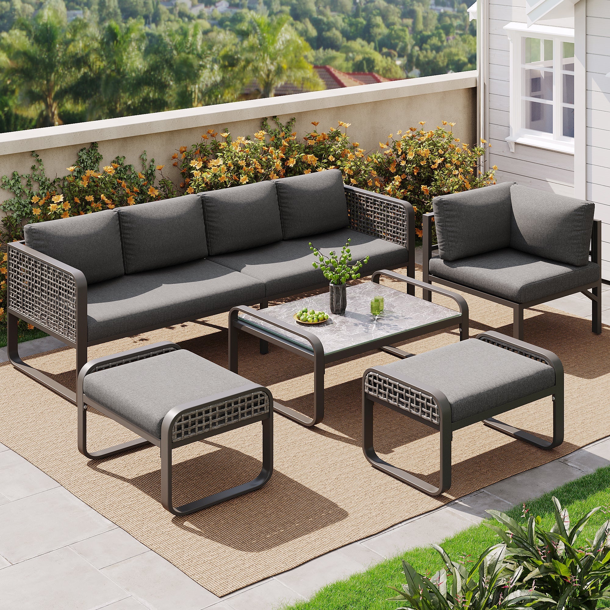 Outdoor Garden Lounge Set, 6-7 People Corner Sofa with Adjustable Legs, Grey Rattan - Image 2
