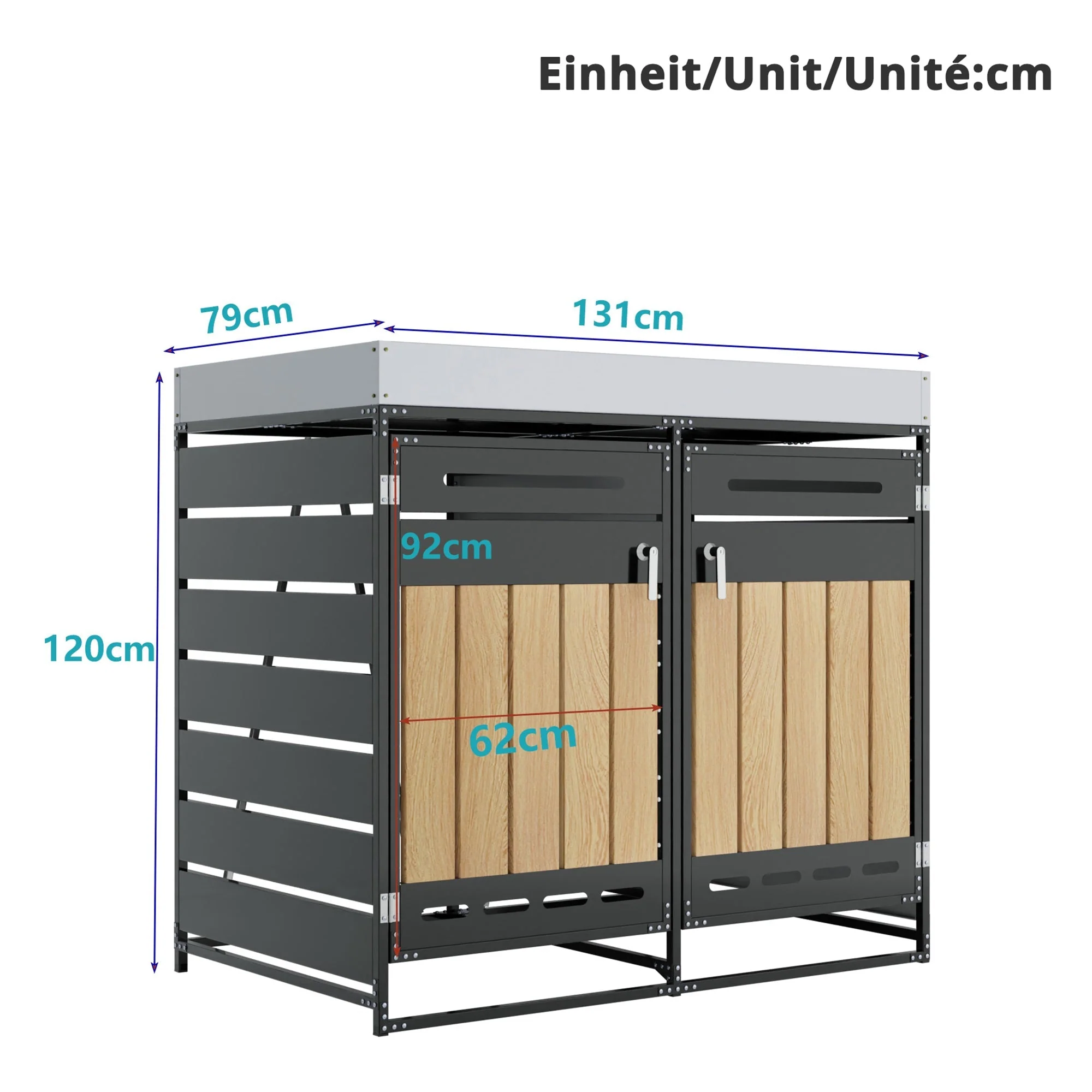 Outdoor Iron Bin Storage Cabinet with Planter Box, Slotted Ventilation and Lock, Wood Grain Panels - Image 4