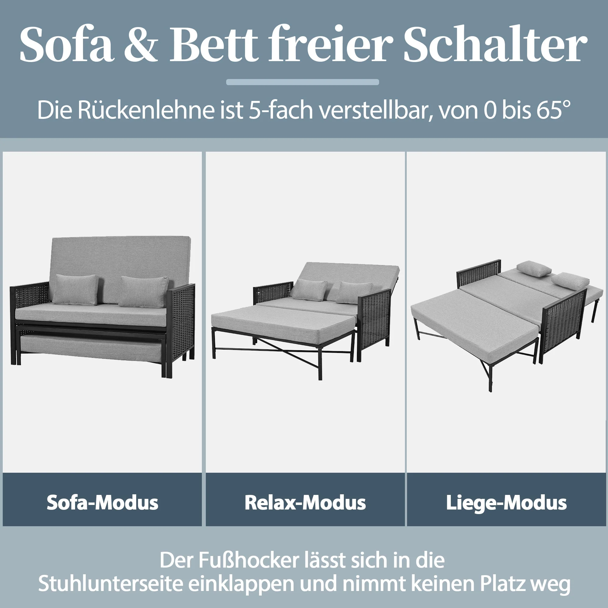 Outdoor Lounger Garden Sofa for 2 People with Adjustable Backrest and Retractable Footrest, Grey - Image 6