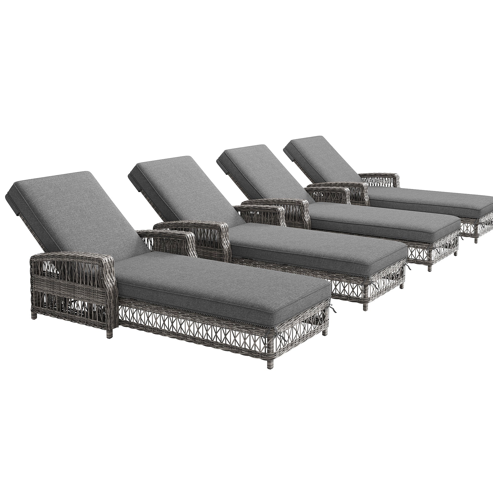 Outdoor Lounger Set of 4 with Adjustable Backrest and Removable Cushion, Grey Rattan - Image 3