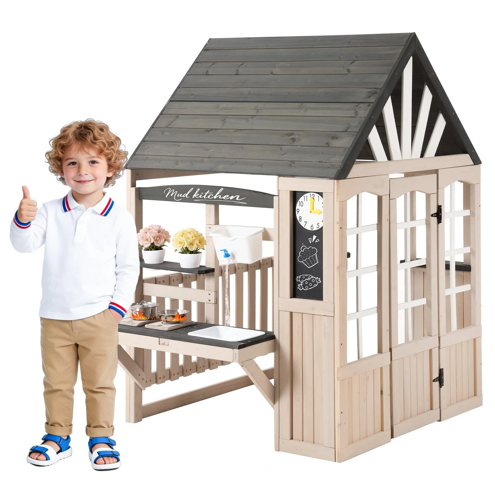 Outdoor Mud Kitchen with Real Tap and Garden Accessories, Wood - Image 2