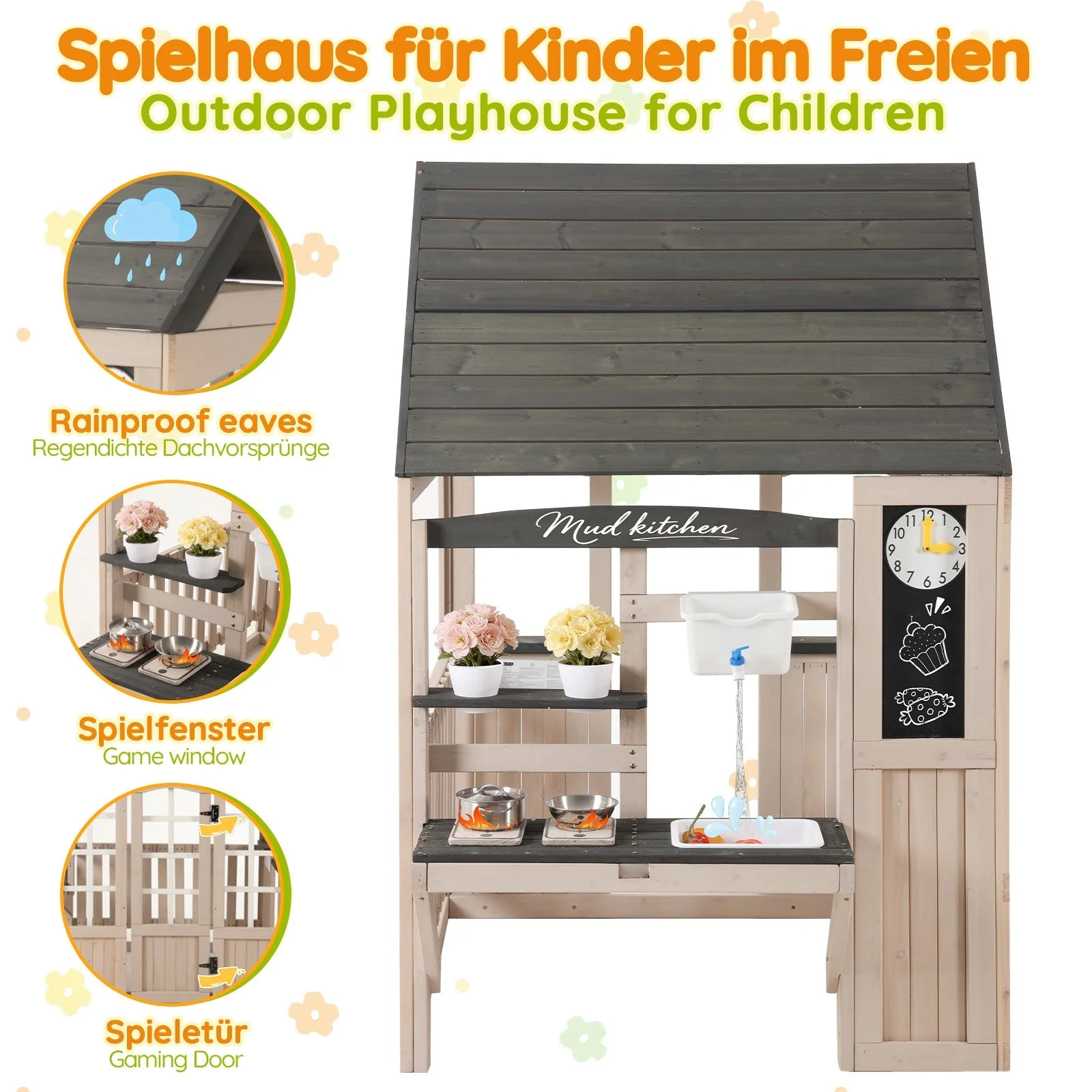 Outdoor Mud Kitchen with Real Tap and Garden Accessories, Wood - Image 4