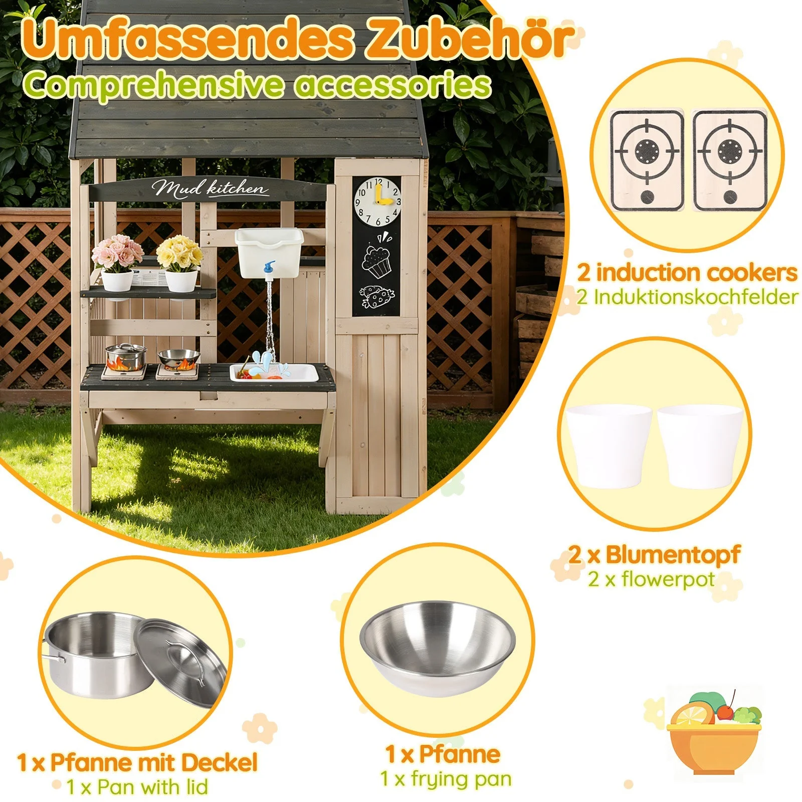 Outdoor Mud Kitchen with Real Tap and Garden Accessories, Wood - Image 5