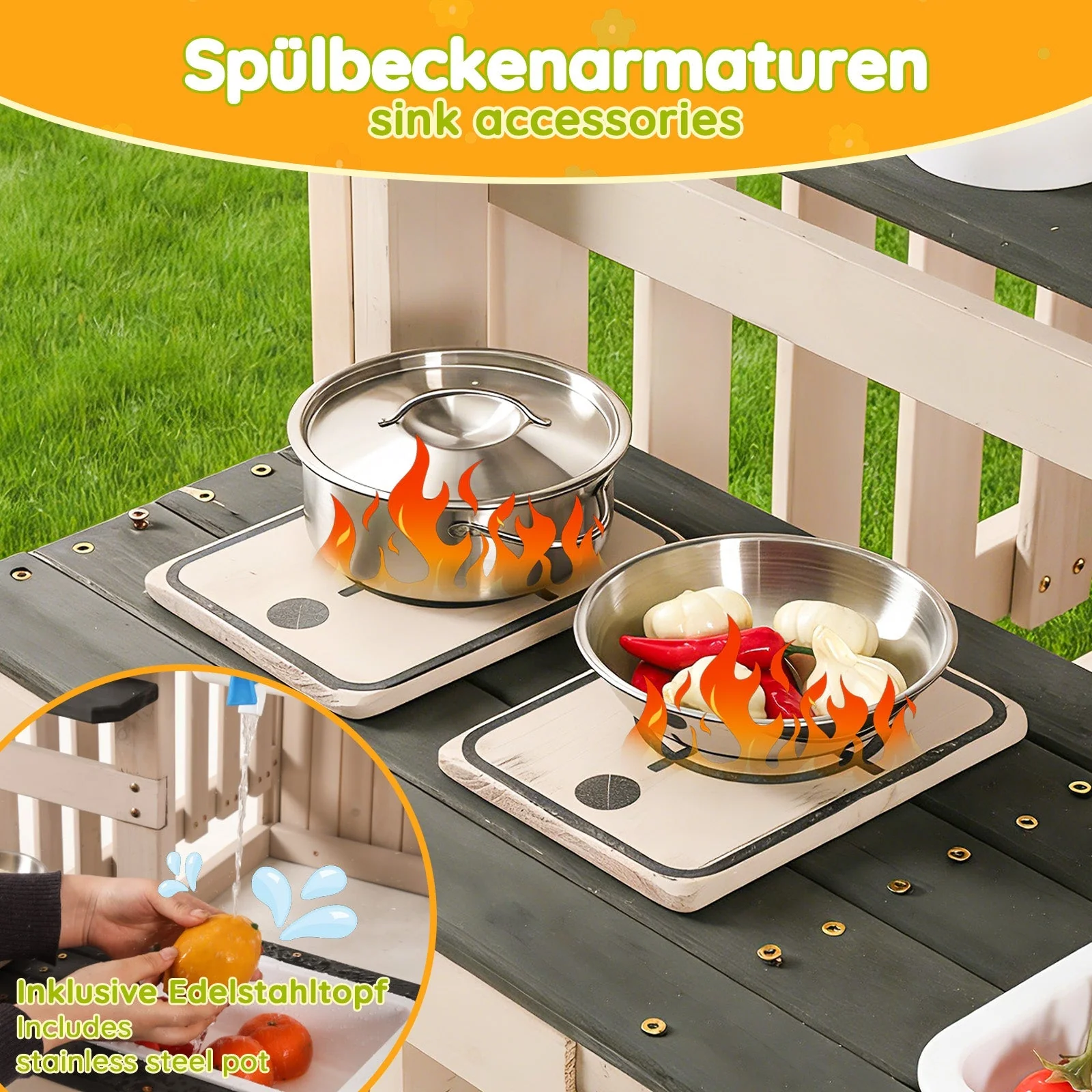 Outdoor Mud Kitchen with Real Tap and Garden Accessories, Wood - Image 7