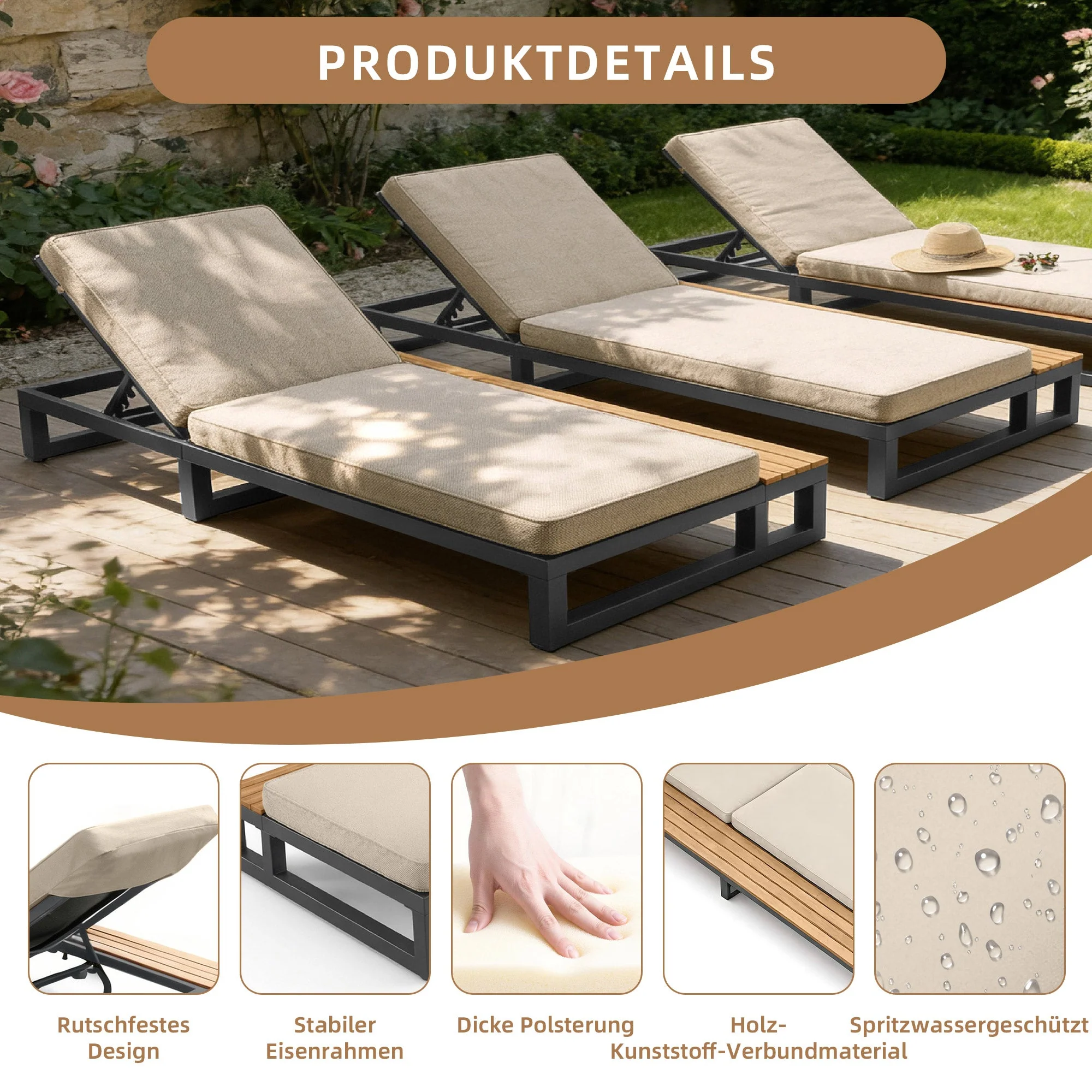 Outdoor Patio Daybed with Adjustable Backrest and Shelves, Waterproof Double Lounge Bed, Beige - Image 9