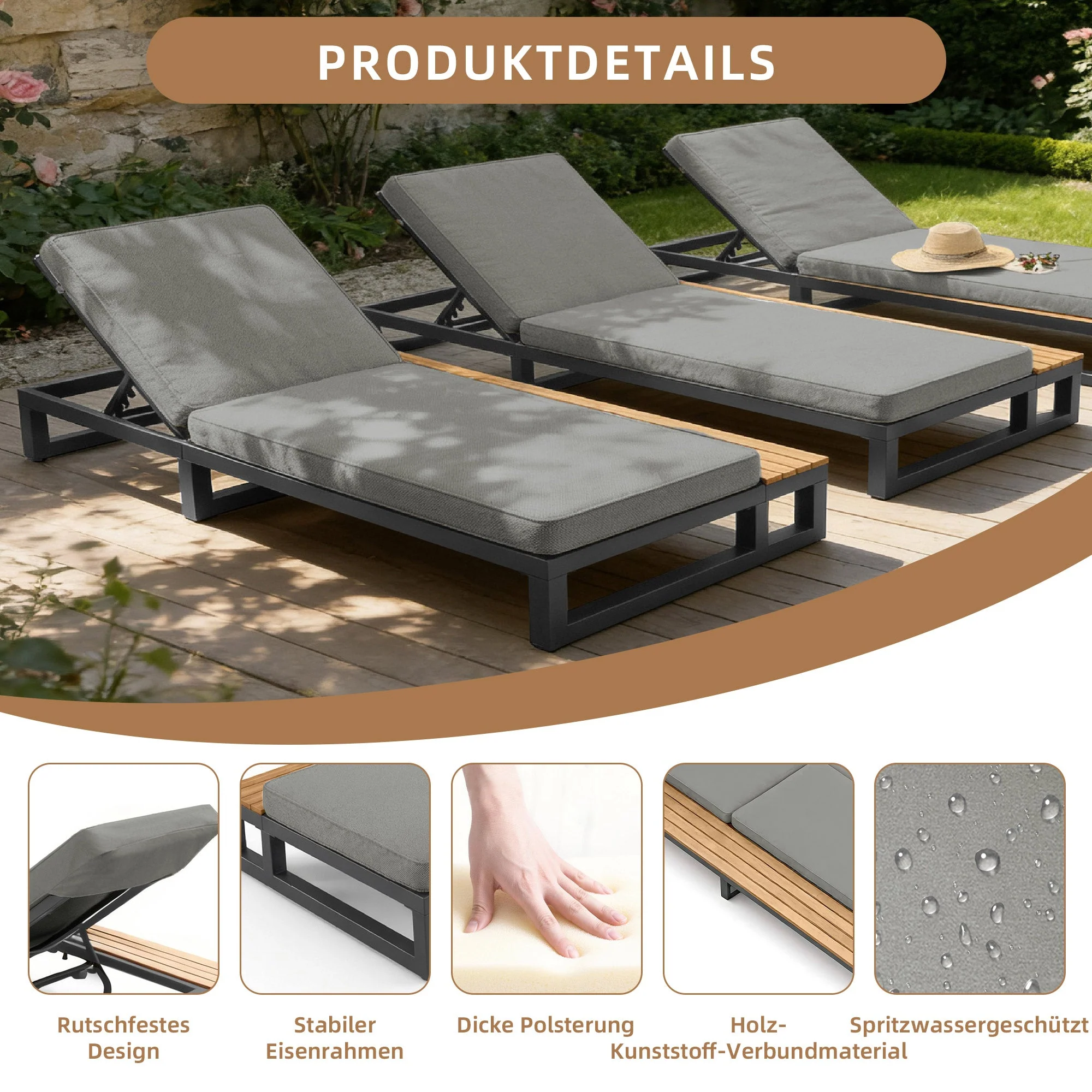 Outdoor Patio Daybed with Adjustable Backrest and Shelves, Waterproof, Gray - Image 6