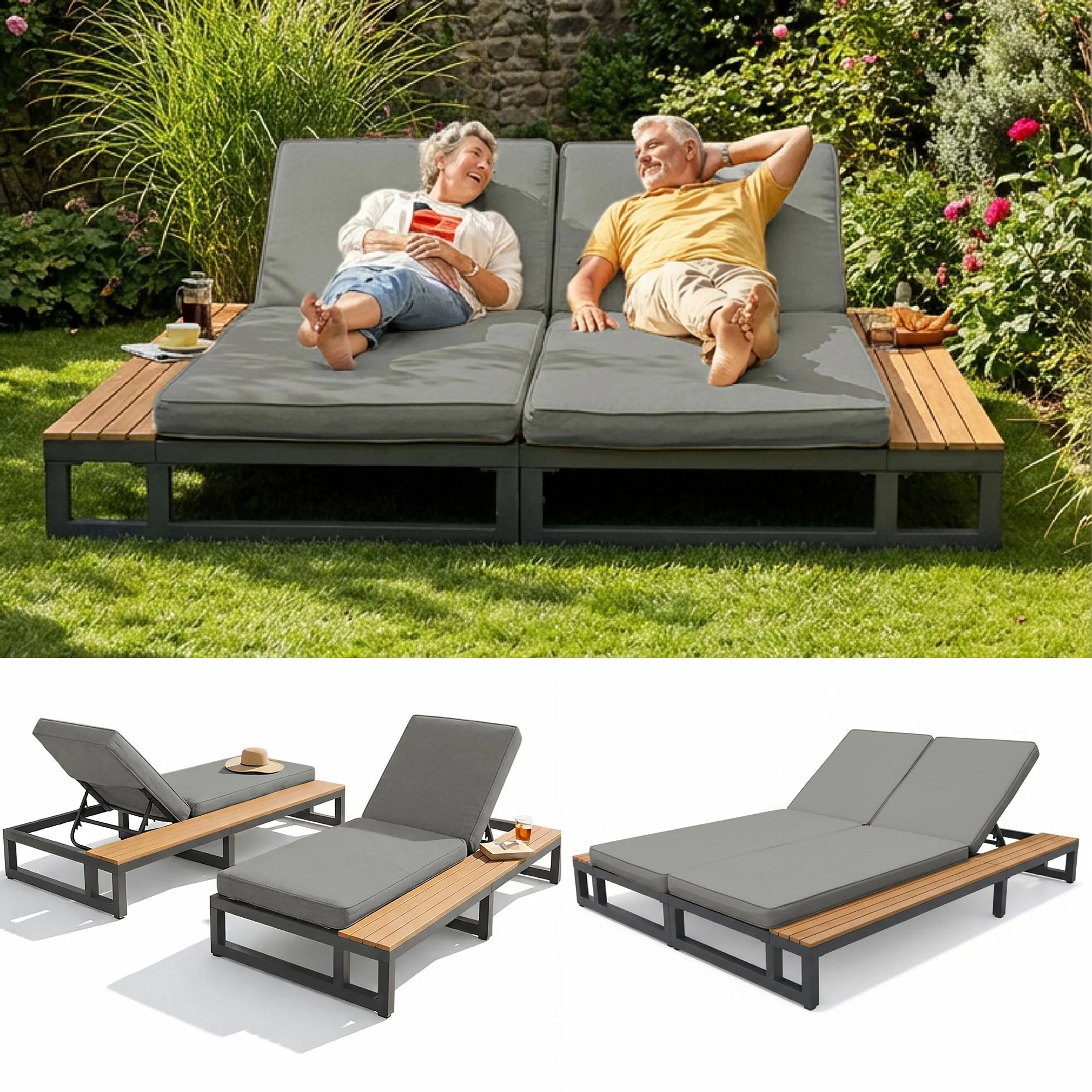 Outdoor Patio Daybed with Adjustable Backrest and Side Shelves, Waterproof Double Lounger, Gray