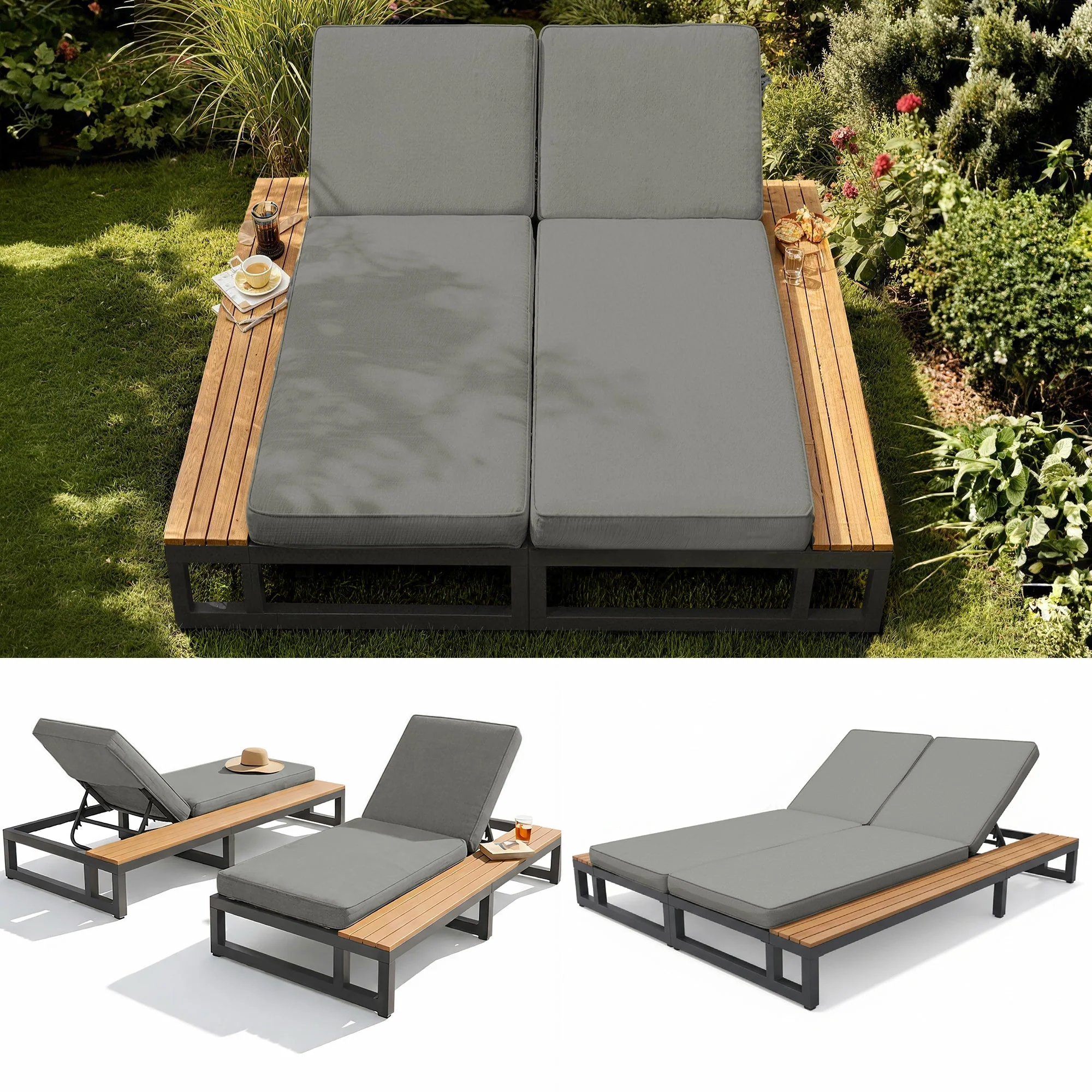 Outdoor Patio Daybed with Adjustable Backrest and Side Shelves, Waterproof Double Lounger, Gray - Image 2