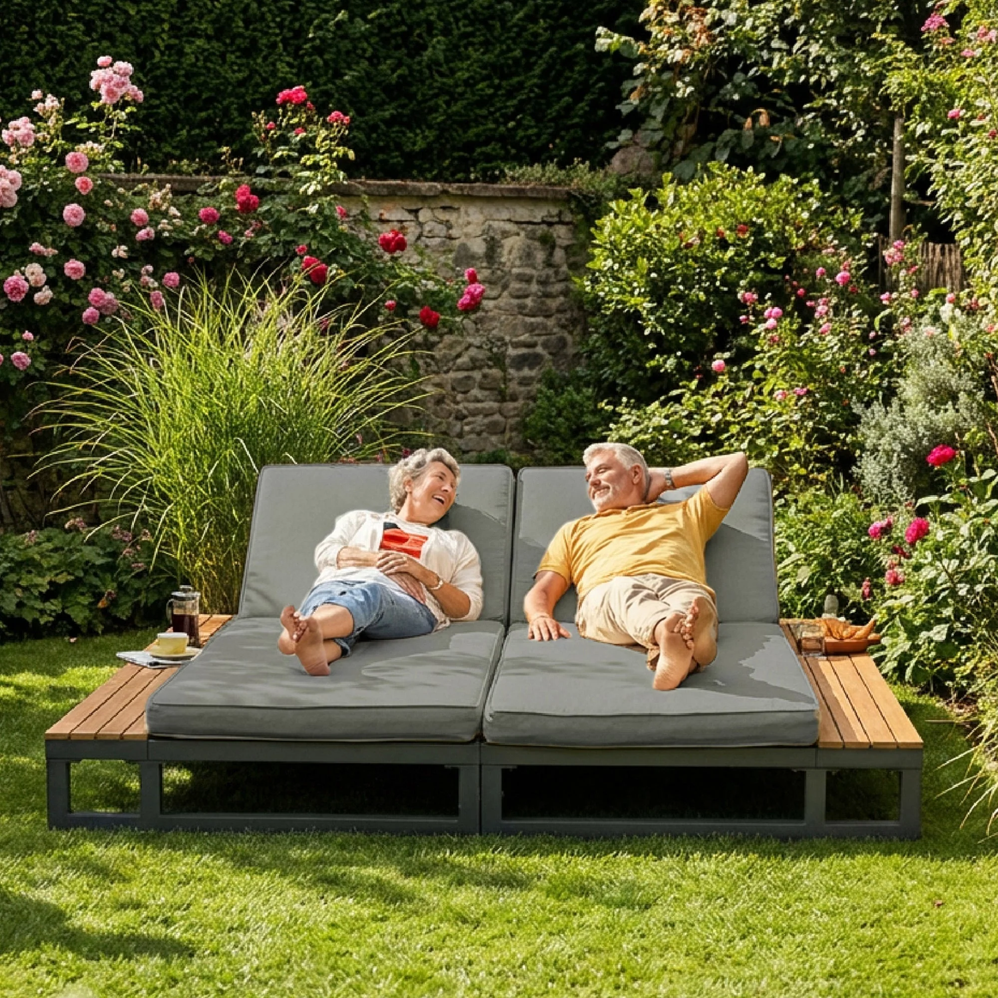 Outdoor Patio Daybed with Adjustable Backrest and Side Shelves, Waterproof Double Lounger, Gray - Image 3