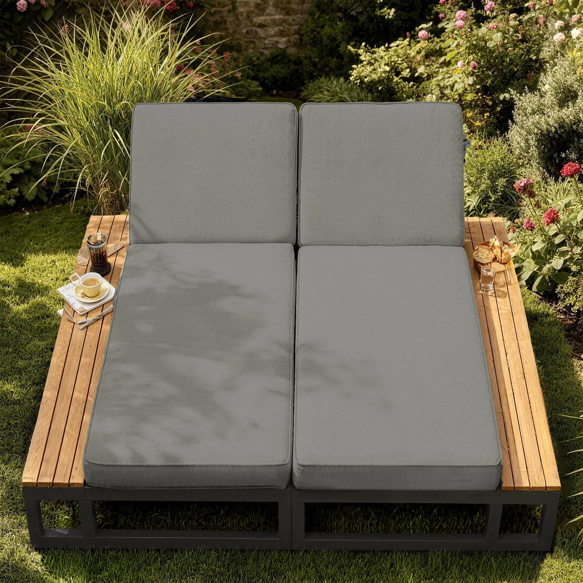 Outdoor Patio Daybed with Adjustable Backrest and Side Shelves, Waterproof Double Lounger, Gray - Image 4