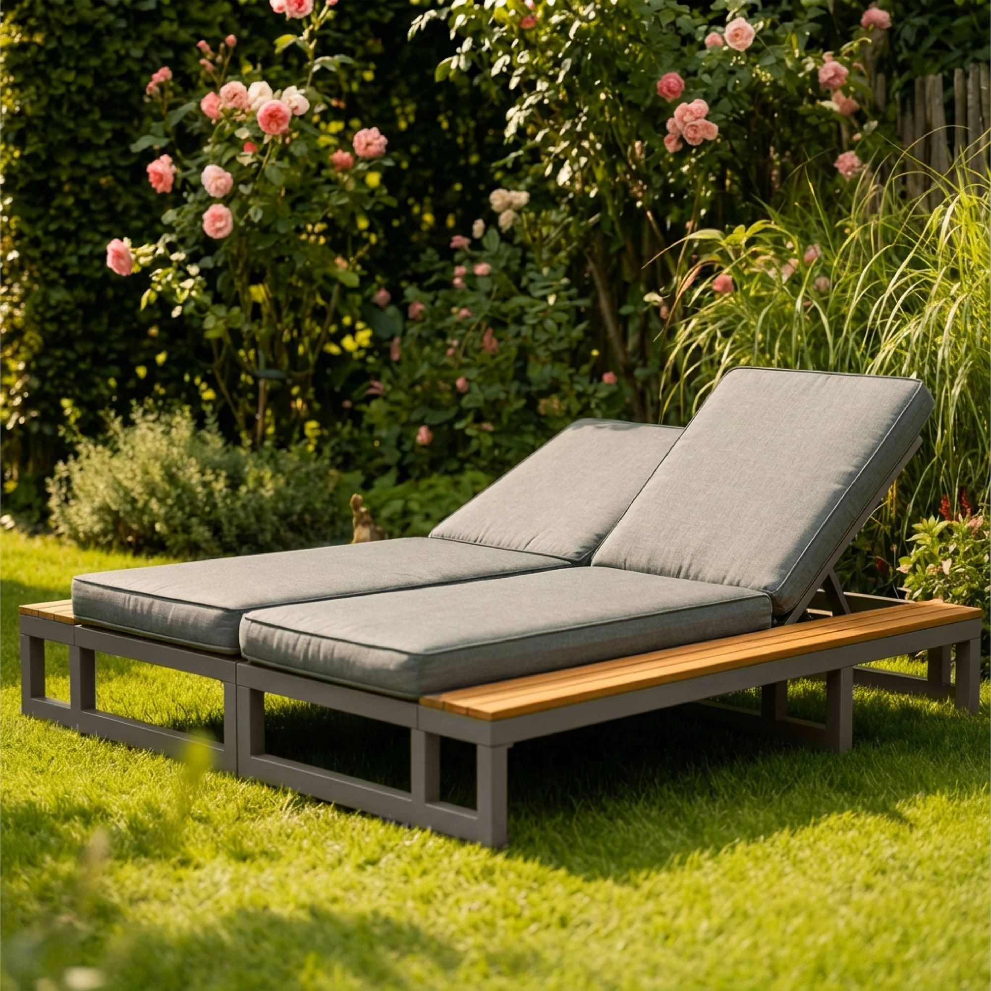 Outdoor Patio Daybed with Adjustable Backrest and Side Shelves, Waterproof Double Lounger, Gray - Image 5