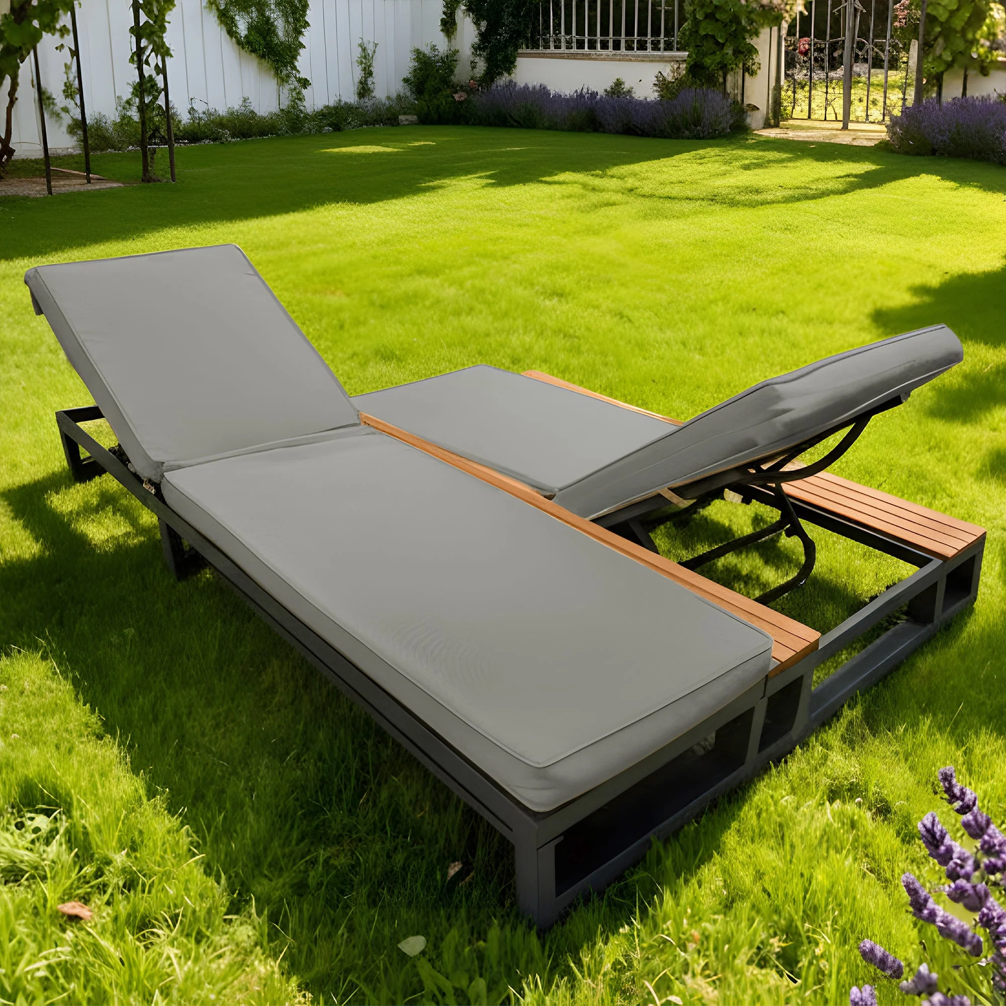 Outdoor Patio Daybed with Adjustable Backrest and Side Shelves, Waterproof Double Lounger, Gray - Image 6