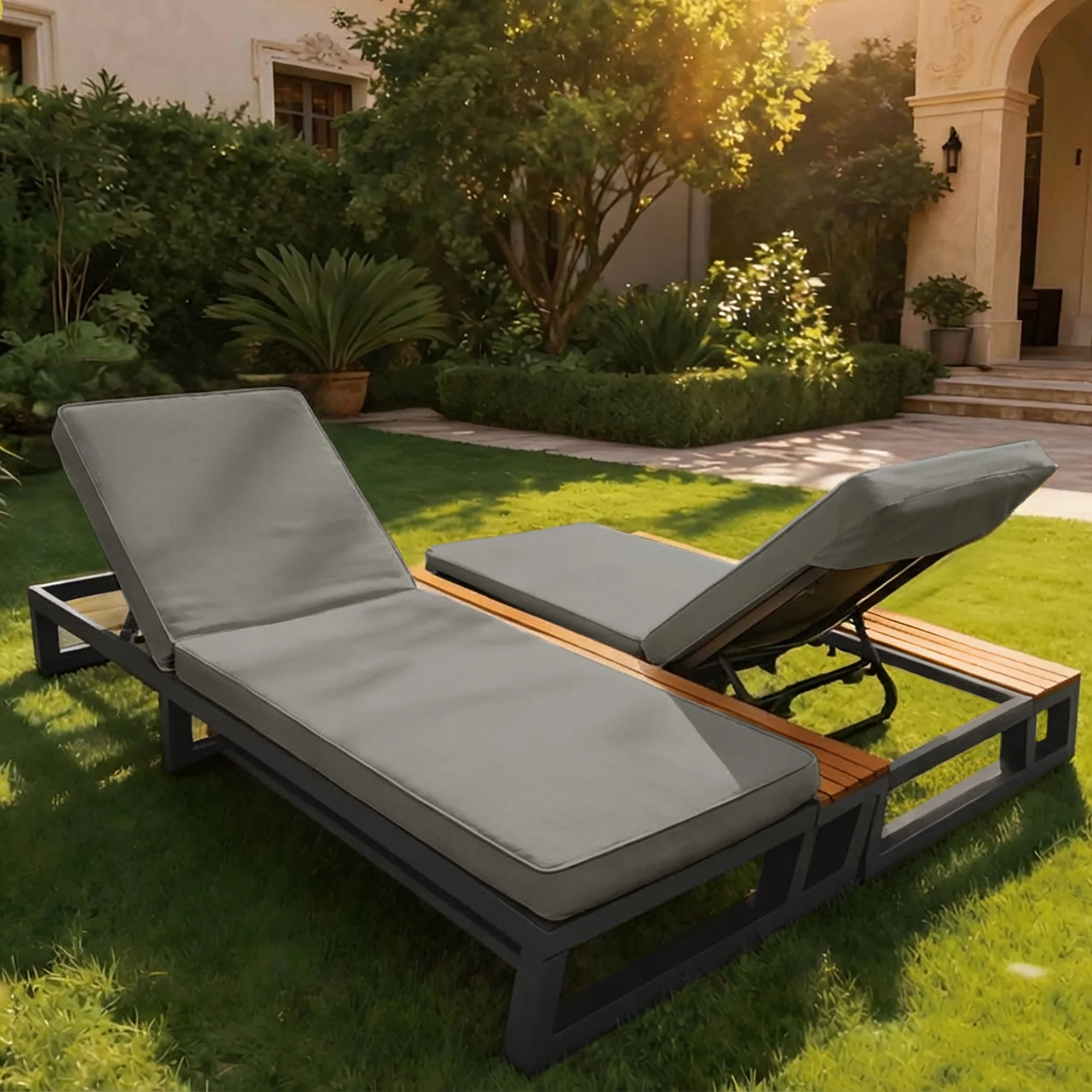 Outdoor Patio Daybed with Adjustable Backrest and Side Shelves, Waterproof Double Lounger, Gray - Image 7