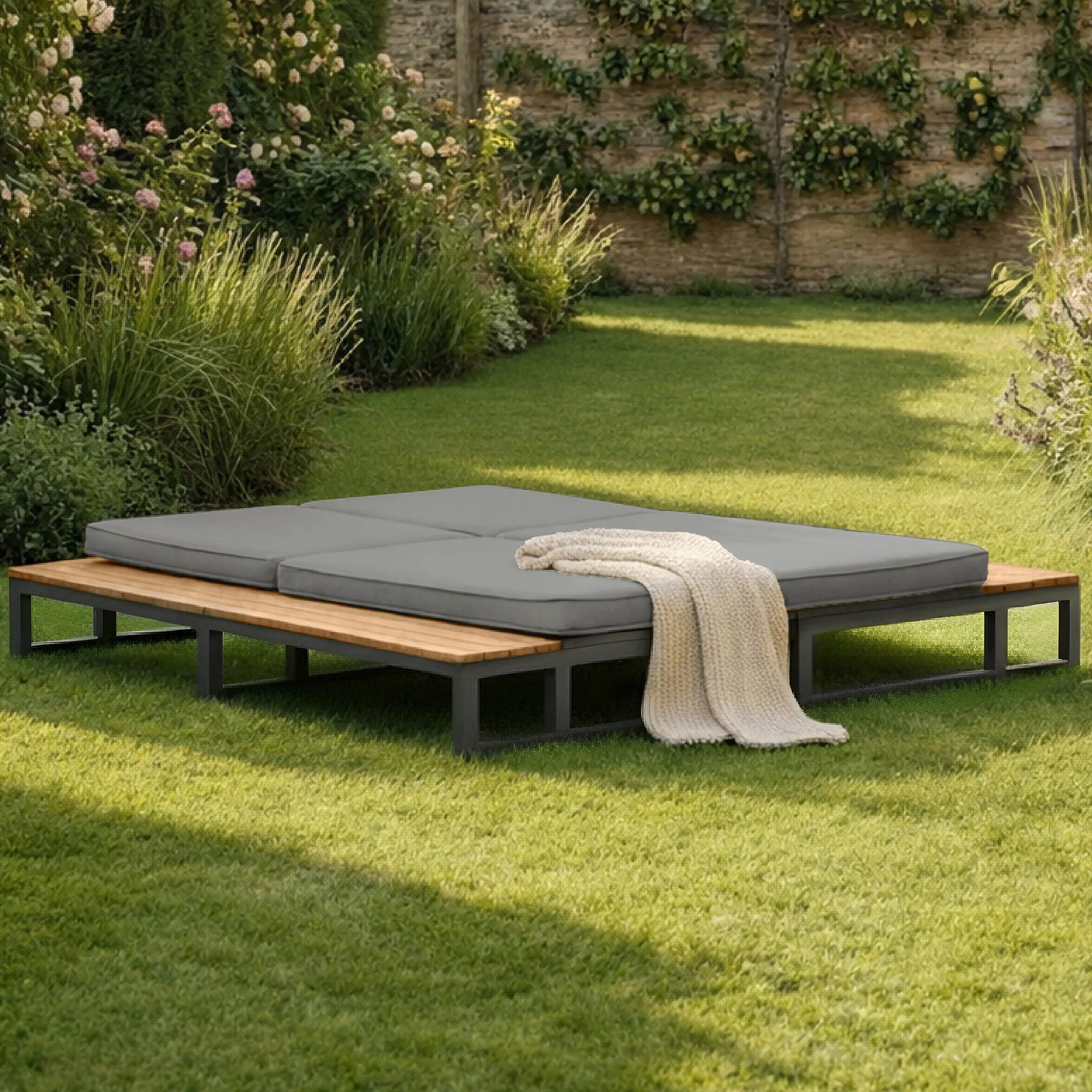 Outdoor Patio Daybed with Adjustable Backrest and Side Shelves, Waterproof Double Lounger, Gray - Image 8