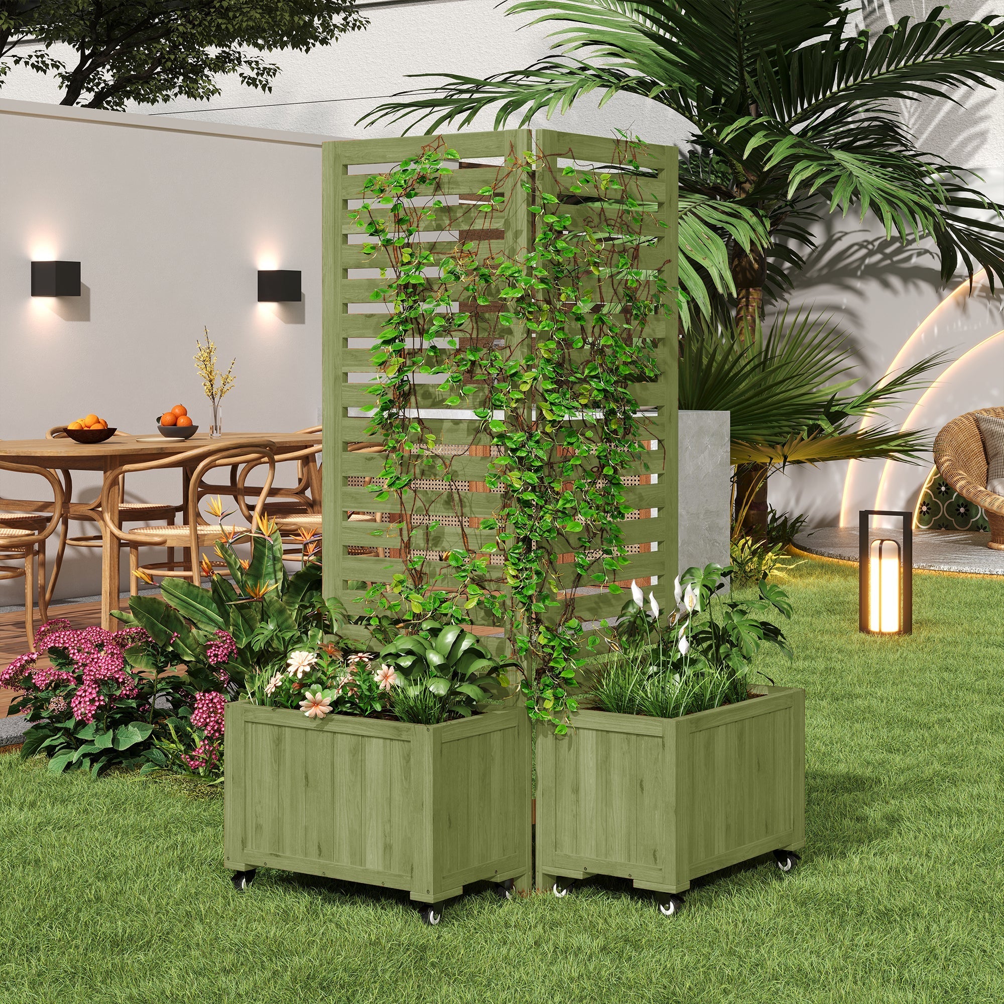 Outdoor Planter Box with Trellis and Folding Universal Wheels - Image 4
