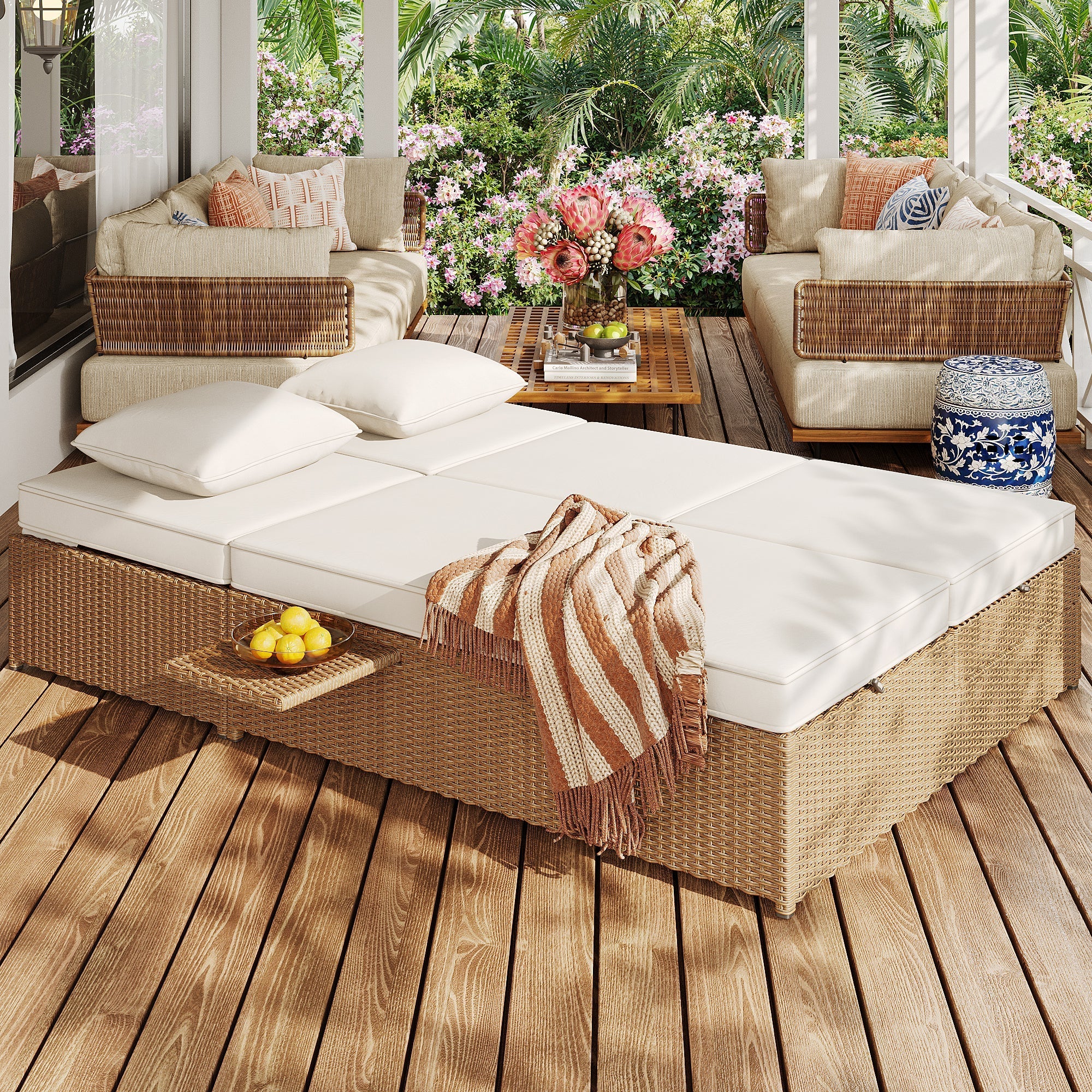 Outdoor Rattan Double Lounger - Foldable Weatherproof with Cushions - White - Image 2