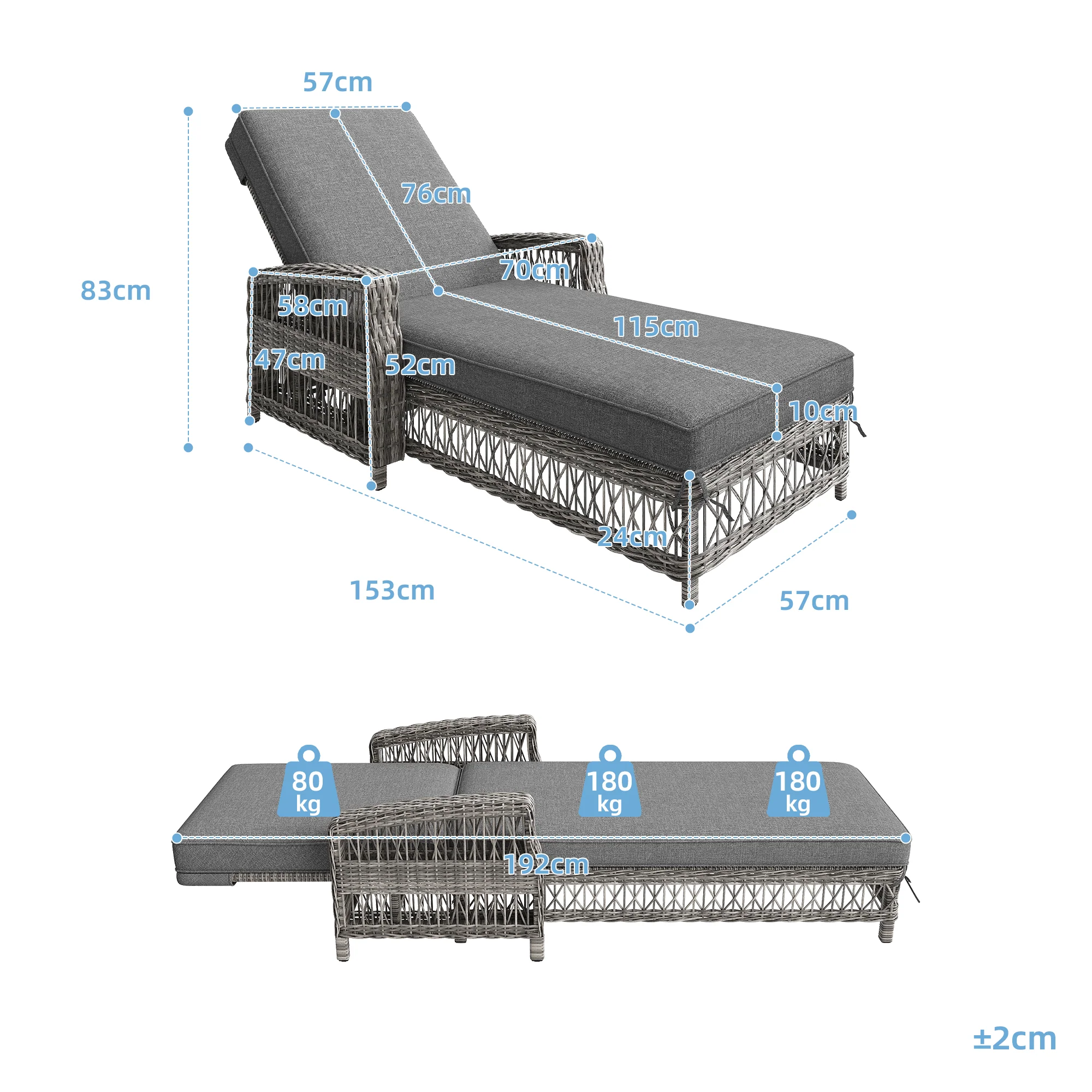 Outdoor Rattan Lounger with Adjustable Backrest and Removable Cushion, Grey Rattan - Image 10