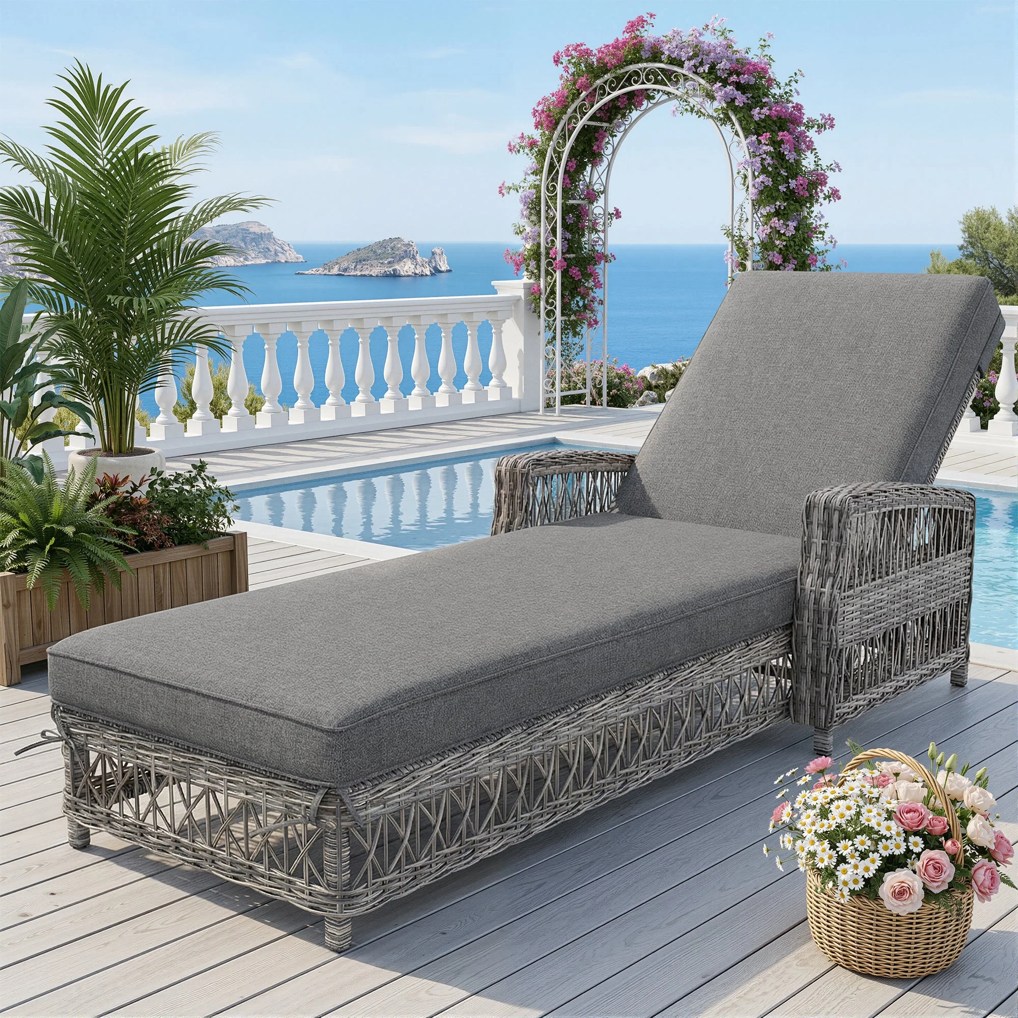 Outdoor Rattan Lounger with Adjustable Backrest and Removable Cushion, Grey Rattan - Image 5