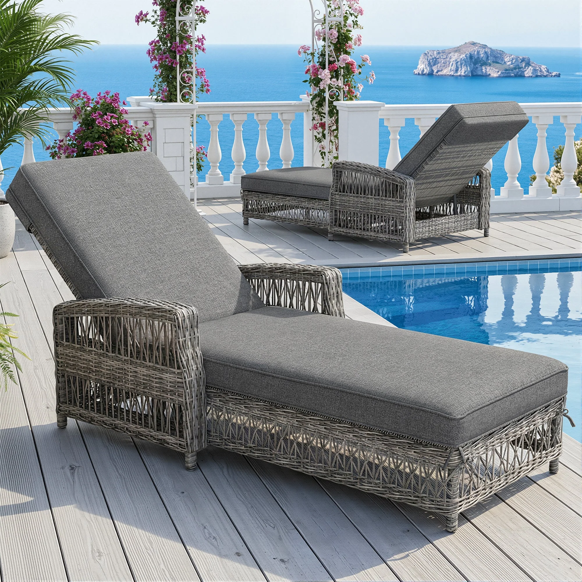 Outdoor Rattan Lounger with Adjustable Backrest and Removable Cushion, Grey Rattan - Image 6