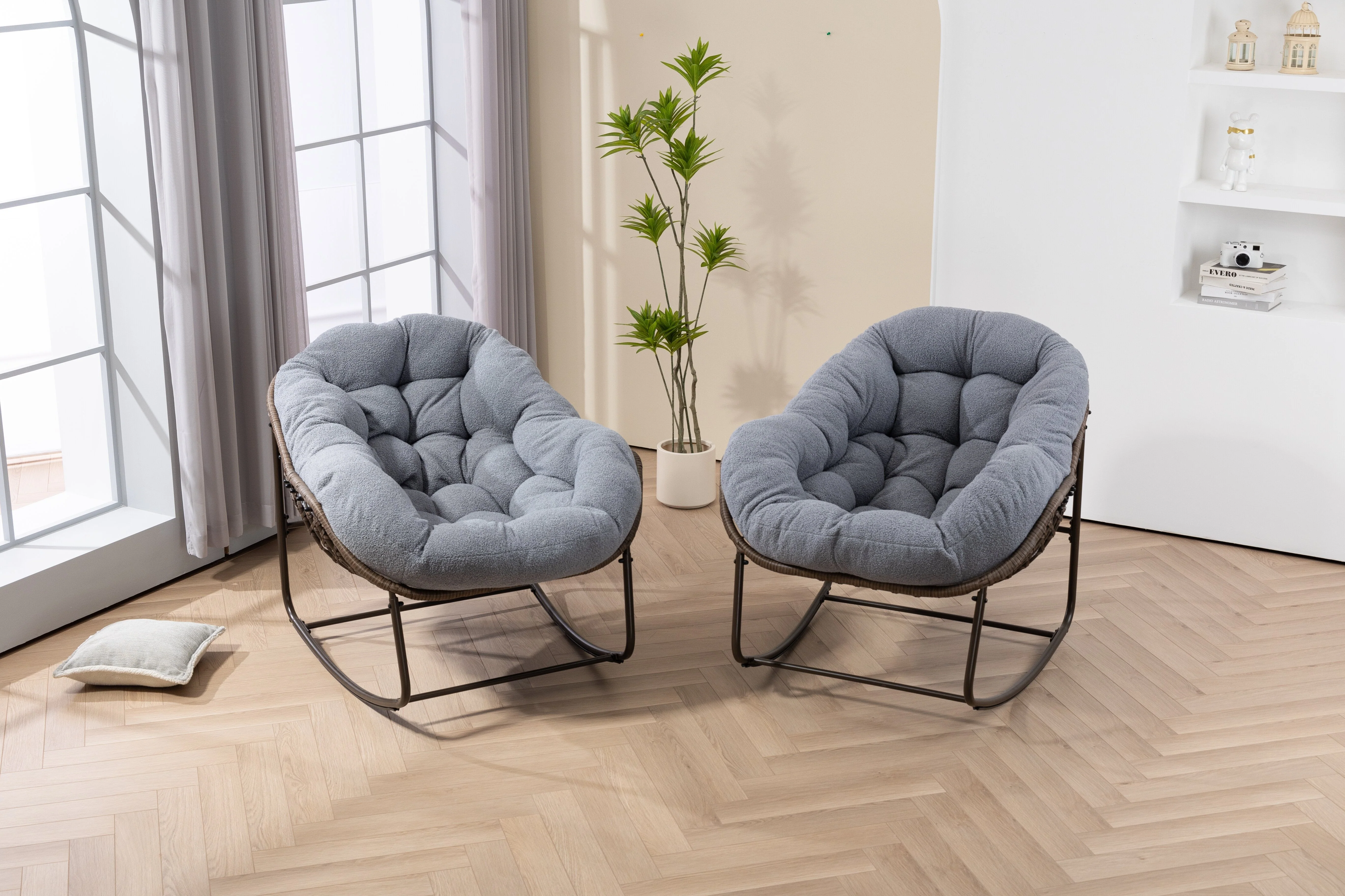 Outdoor Rattan Rocking Chair Padded Cushion Recliner, Gray - Image 10