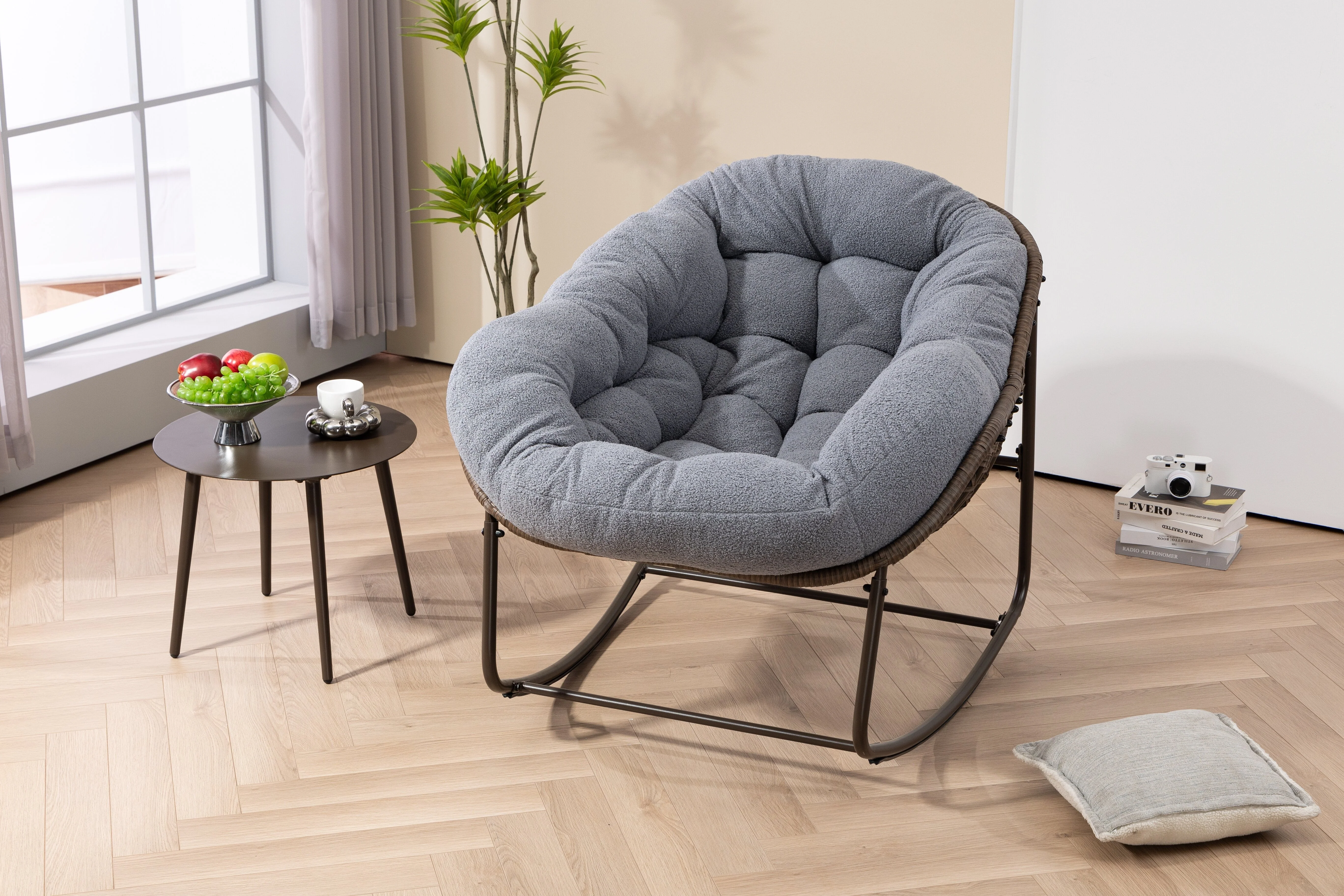 Outdoor Rattan Rocking Chair Padded Cushion Recliner, Gray - Image 12