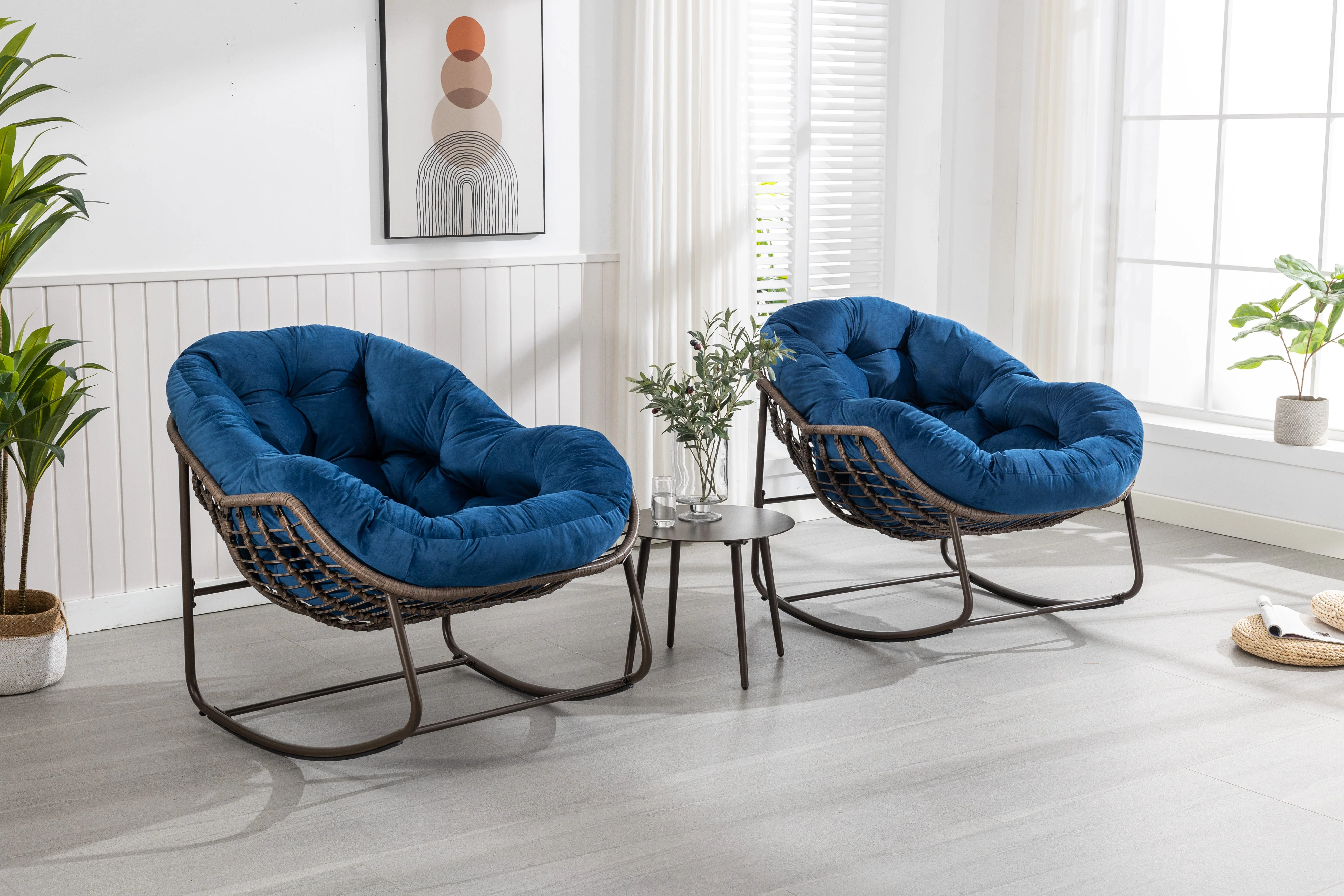 Outdoor Rattan Rocking Chair Padded Cushion Recliner Navy Blue - Image 10