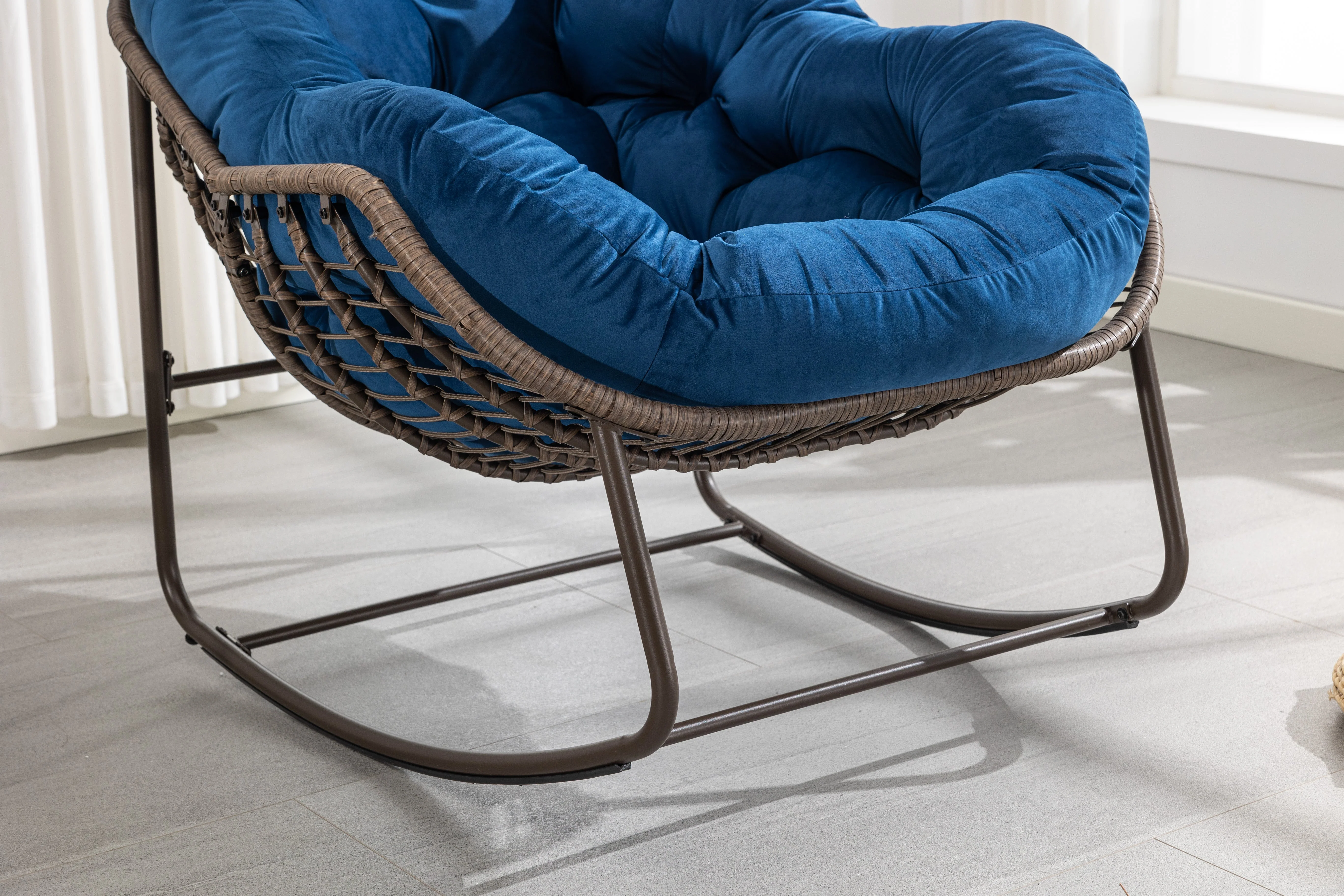 Outdoor Rattan Rocking Chair Padded Cushion Recliner Navy Blue - Image 11
