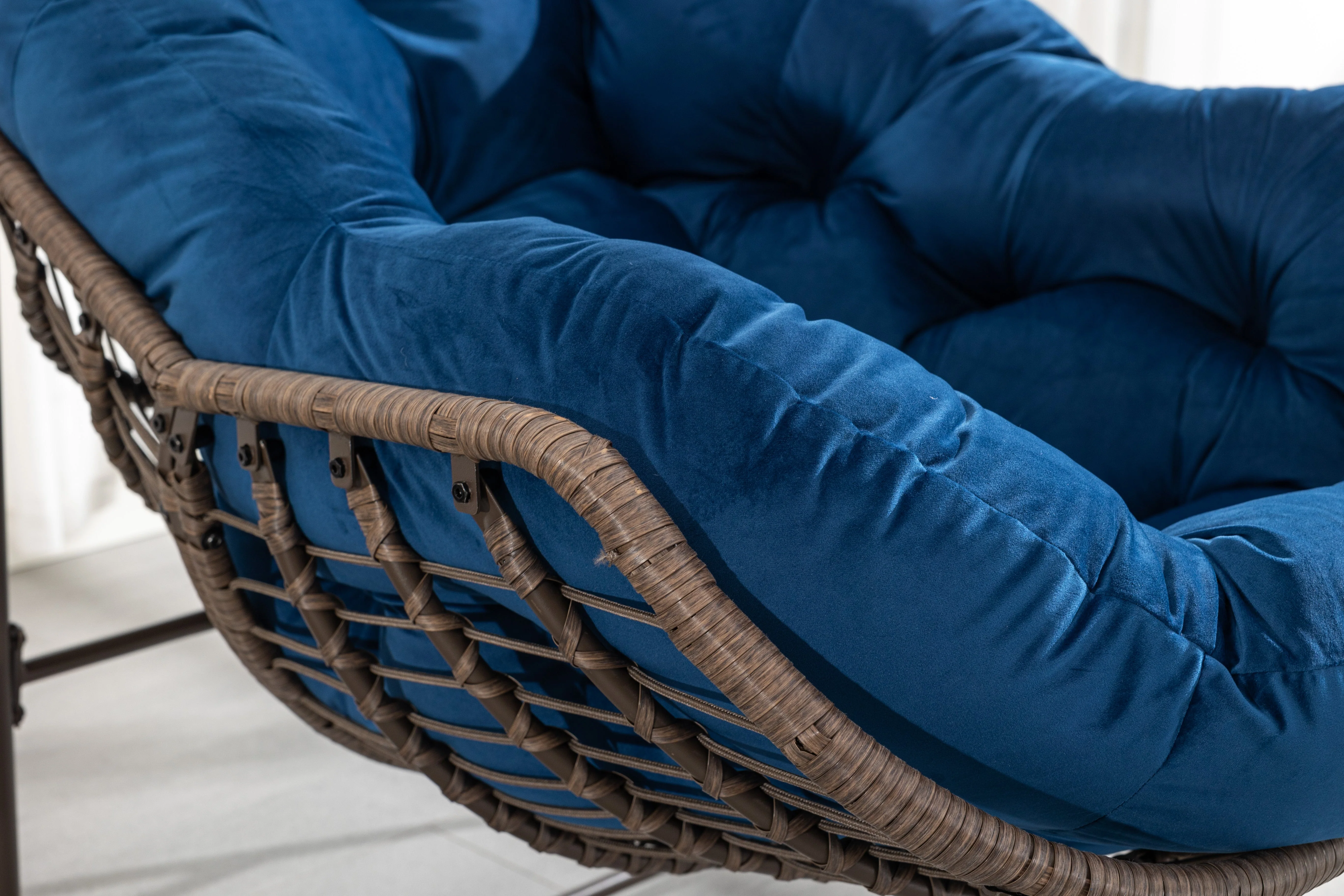 Outdoor Rattan Rocking Chair Padded Cushion Recliner Navy Blue - Image 12