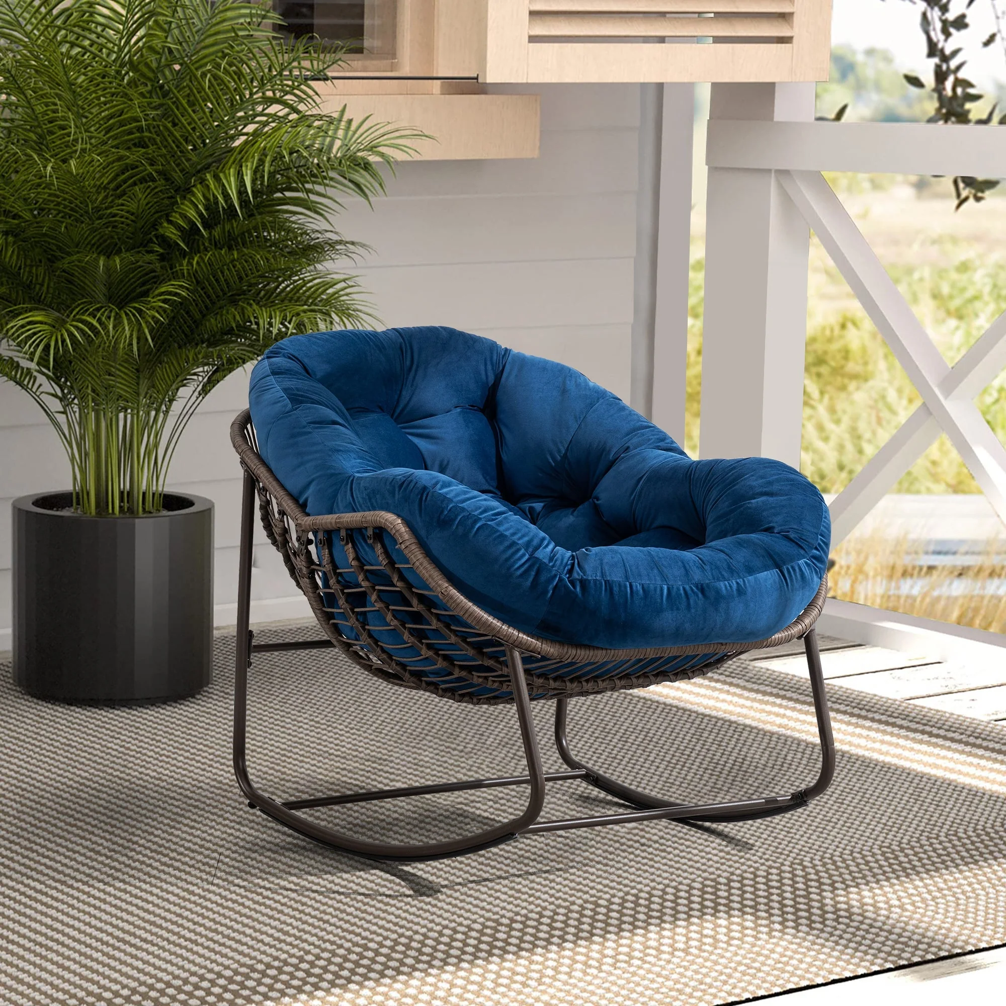 Outdoor Rattan Rocking Chair Padded Cushion Recliner Navy Blue - Image 3