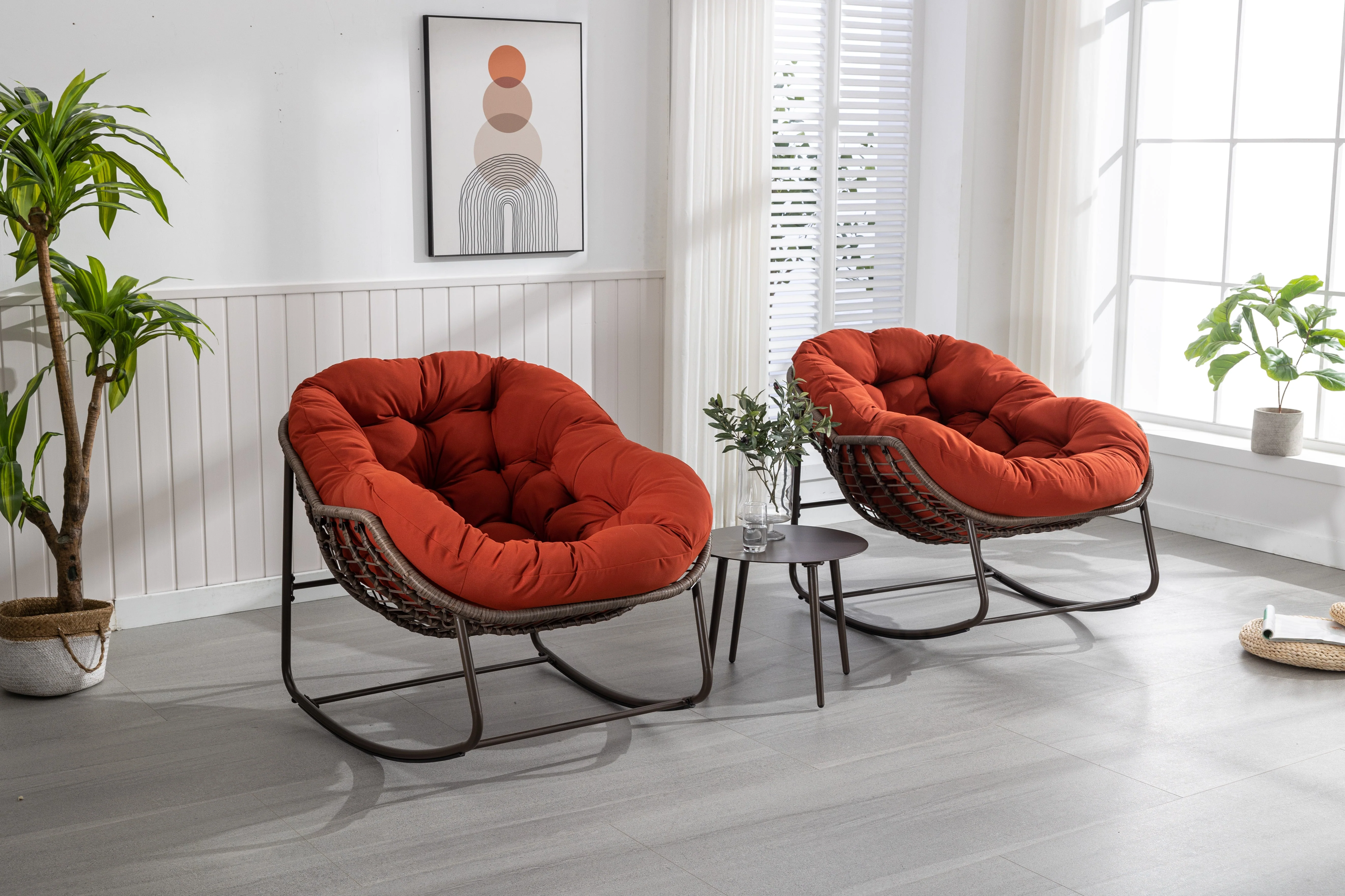 Outdoor Rattan Rocking Chair, Padded Cushion Recliner, Orange - Image 6